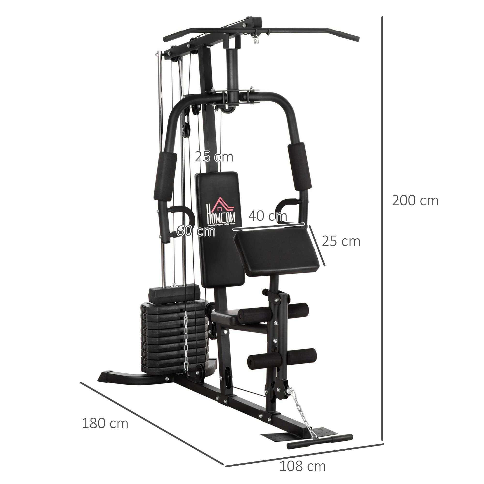 HOMCOM Kompakte Kraftstation, Multifunktionale Fitnessstation, Multistation mit Butterfly, Bizepscurl, Latzug, Beinstrecker, 45 kg Gewichtsblock