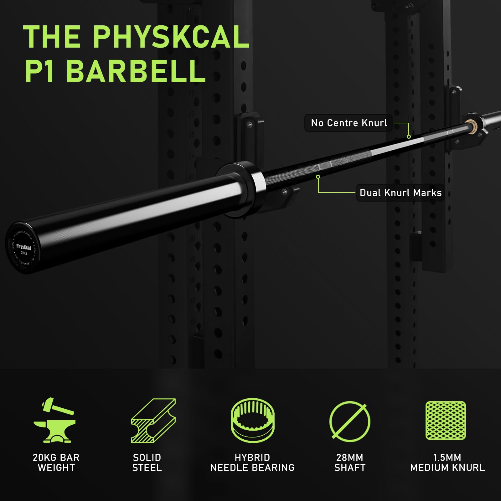 PhysKcal Olympia Langhantelstange 50 mm, 20 kg, 220 cm, Profi Allrounder für Weightlifting & Powerlifting, komplett schwarz E-Coat