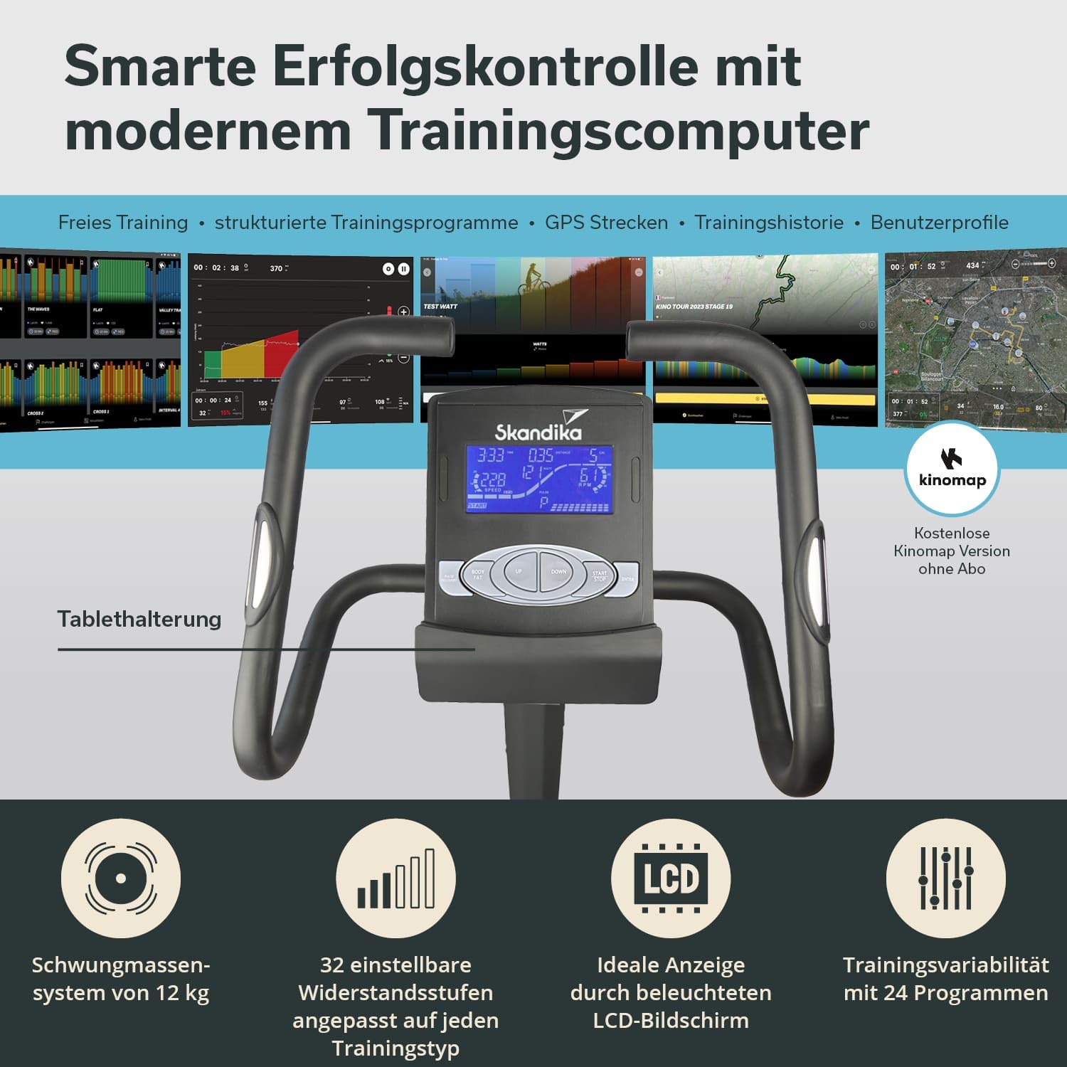 skandika Ergometer Morpheus Fitnessbike - Heimtrainer mit Bluetooth, Pulsgurt, 32 Widerstandseinstellungen, Multifunktionscomputer, Kalorienverbrauch