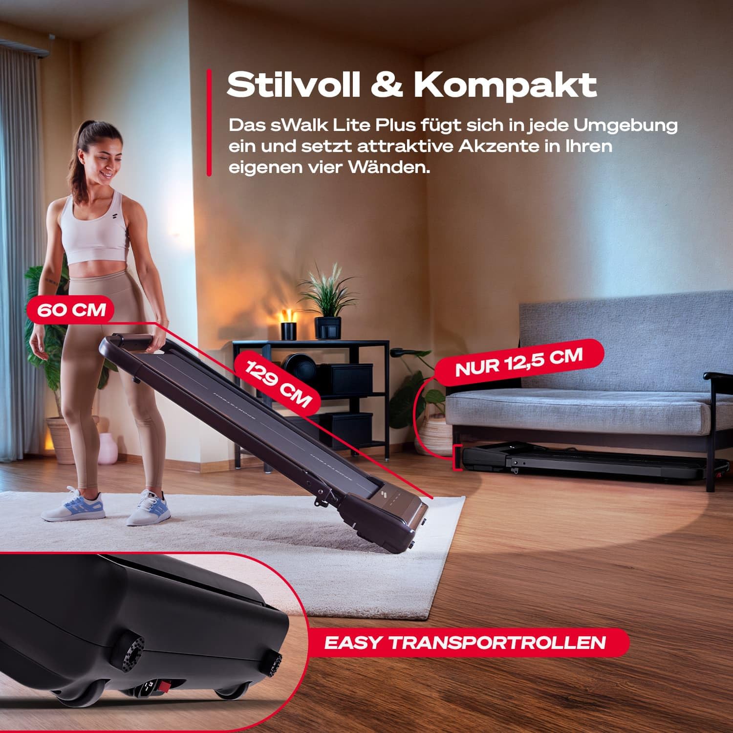 Sportstech Walking Pad sWalk lite Plus - Laufband für Zuhause mit manueller Steigung, bis 6 km/h Walking, bis 12 km/h Laufen, App, Fernbedienung