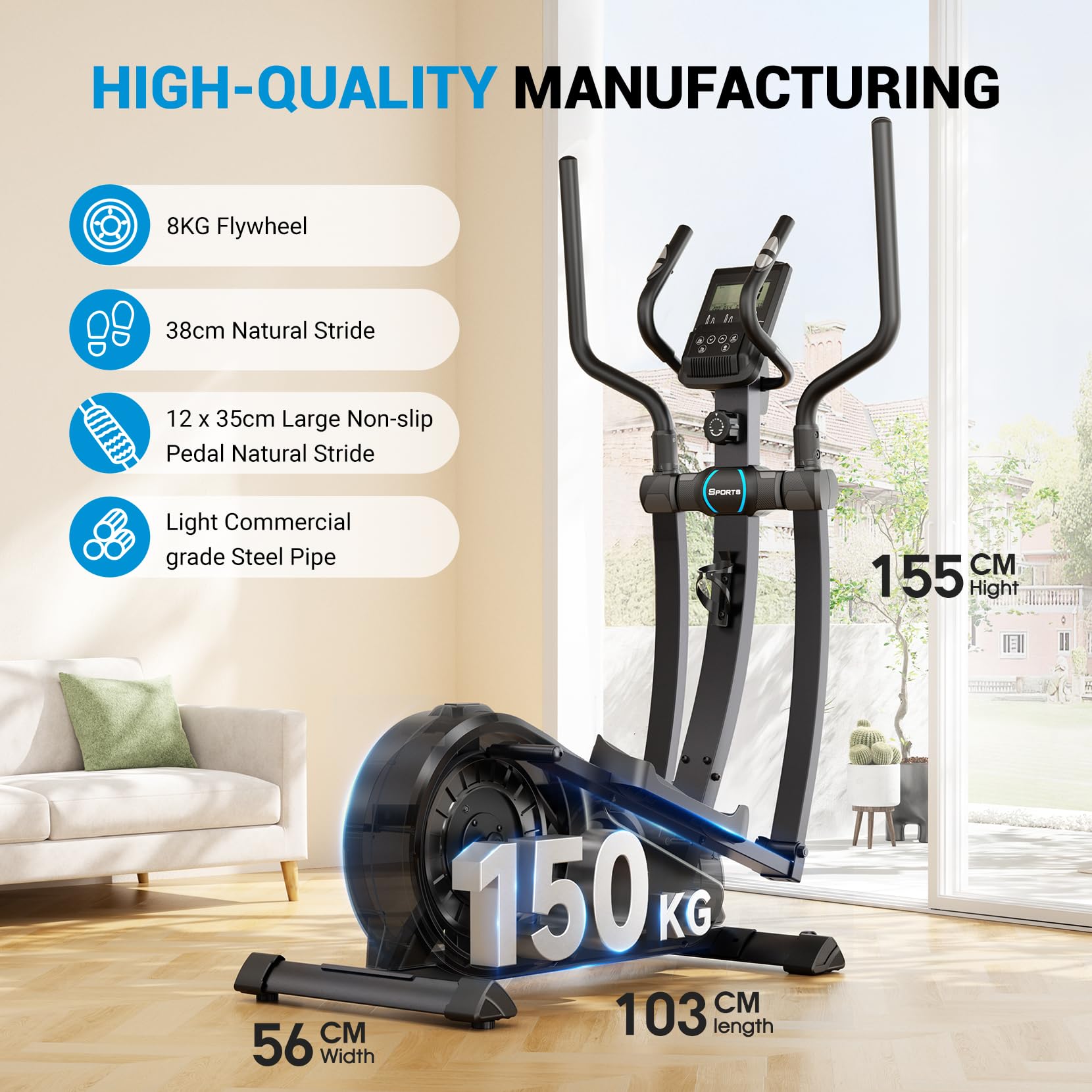 THERUN Crosstrainer für zuhause, Ultraleise Magnetisch Ellipsentrainer mit 38cm Schrittlänge, 16 Widerstandsstufen, bis 150kg (Blau)