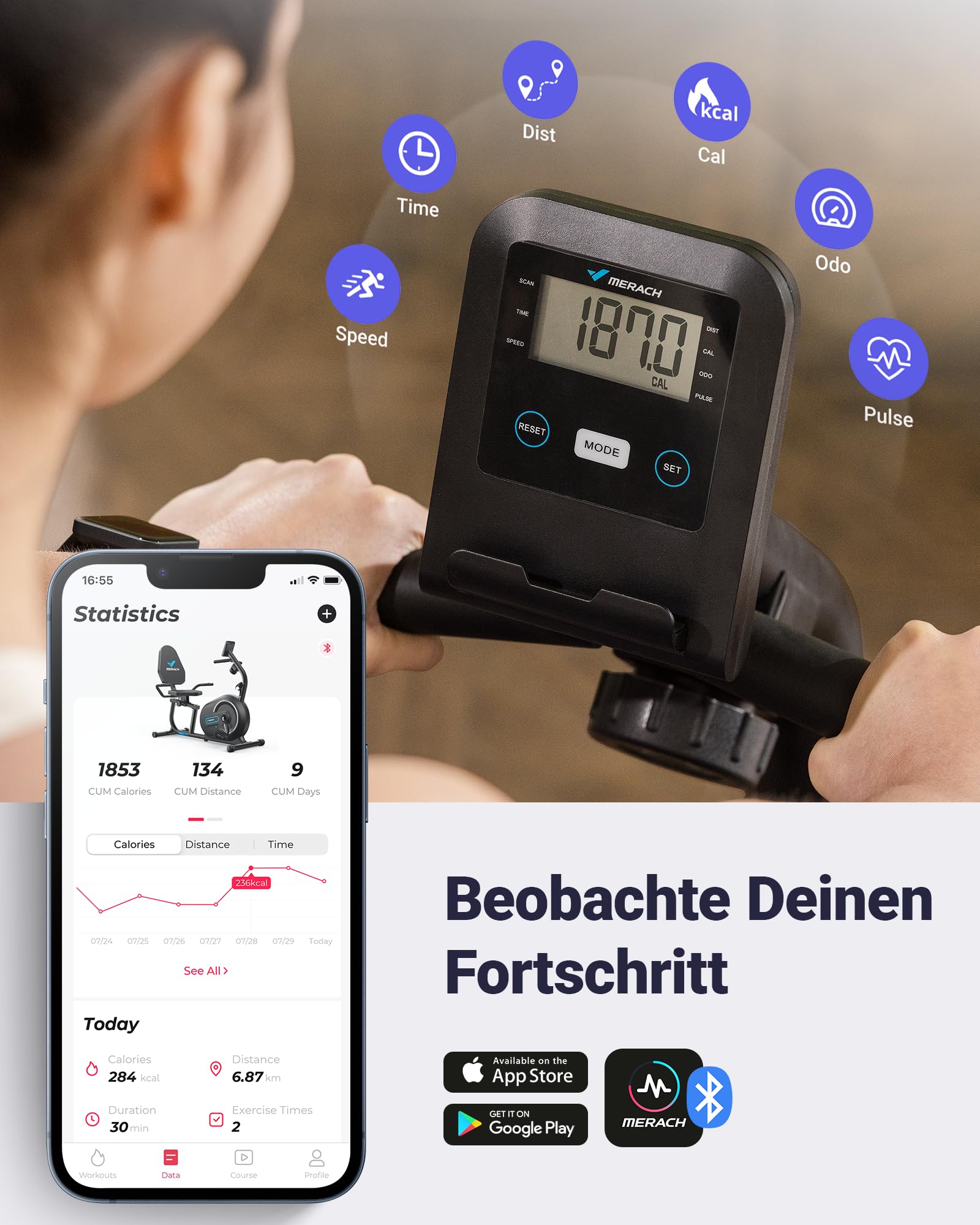 MERACH Liegeergometer für Zuhause, 8 Widerstandsstufen, Bluetooth & App, LCD-Display, Herzfrequenzsensoren, verstellbare Rückenlehne