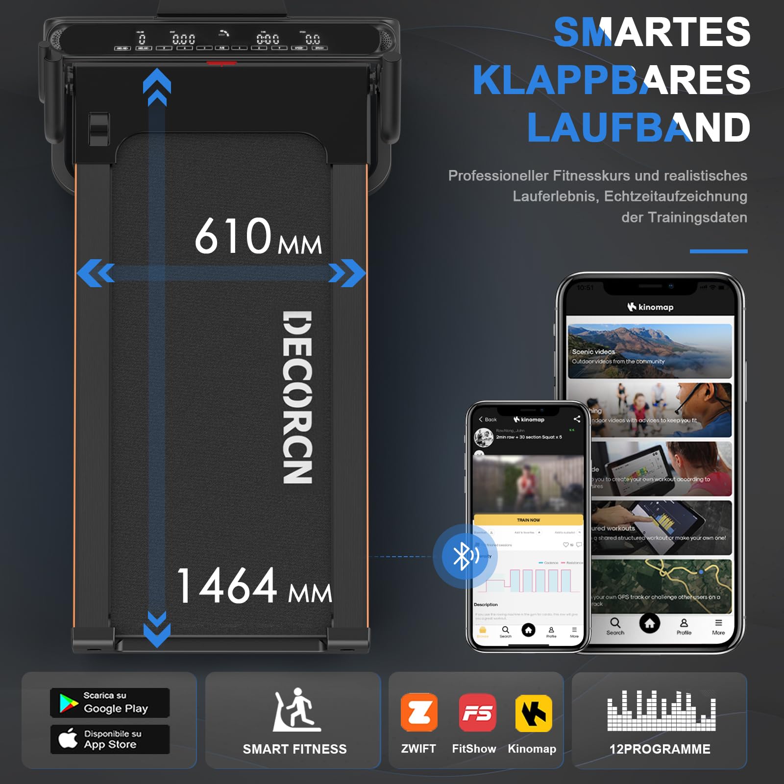 Decorcn Laufband für Zuhause - 4,5 PS, bis 16 km/h, klappbar mit großer Lauffläche, 20 Neigungsstufen, LCD-Display & Bluetooth, bis 150kg