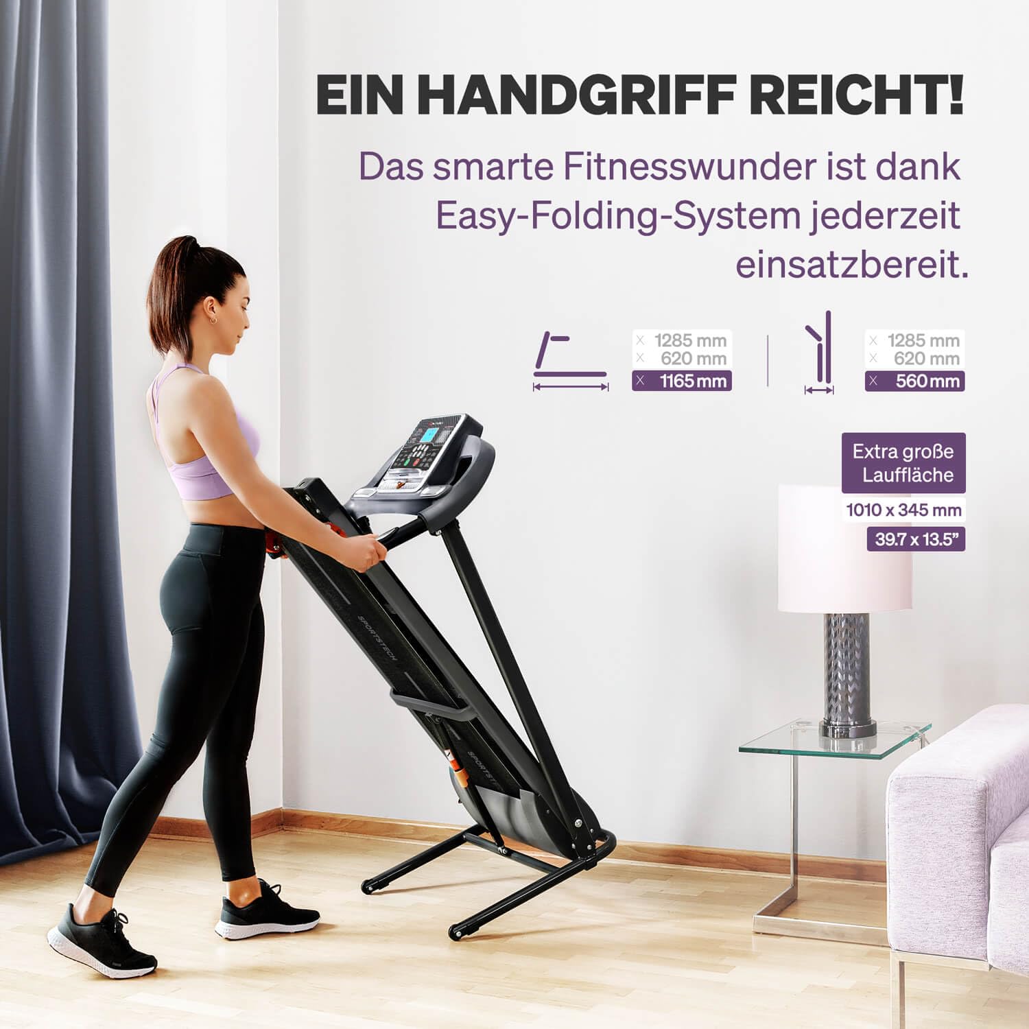 Sportstech F10 Laufband klappbar für Zuhause, 2,5 PS, bis 10 km/h, 13 Programme, Steigung, App & Schmierfunktion, max. 120 kg, deutsche Qualitätsmarke