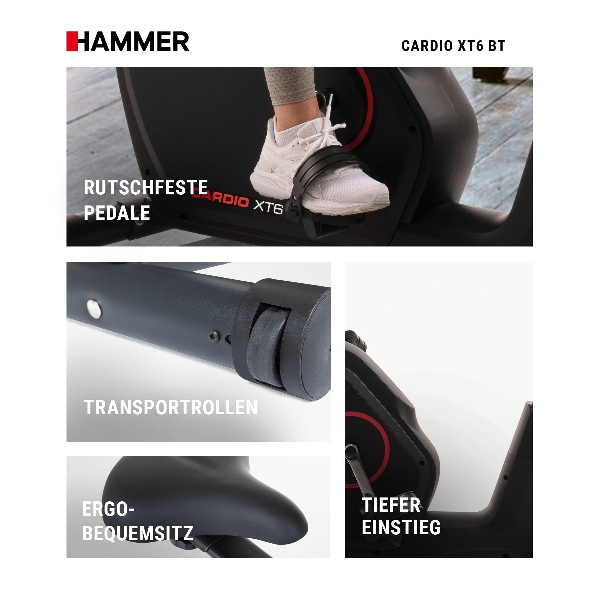 HAMMER 4862 Ergometer Cardio XT6 BT - leises Fitnessfahrrad, tiefer Einstieg, Comfort-Sattel, 13kg Schwungmasse, Bluetooth & App, 130kg, 93x51x150cm