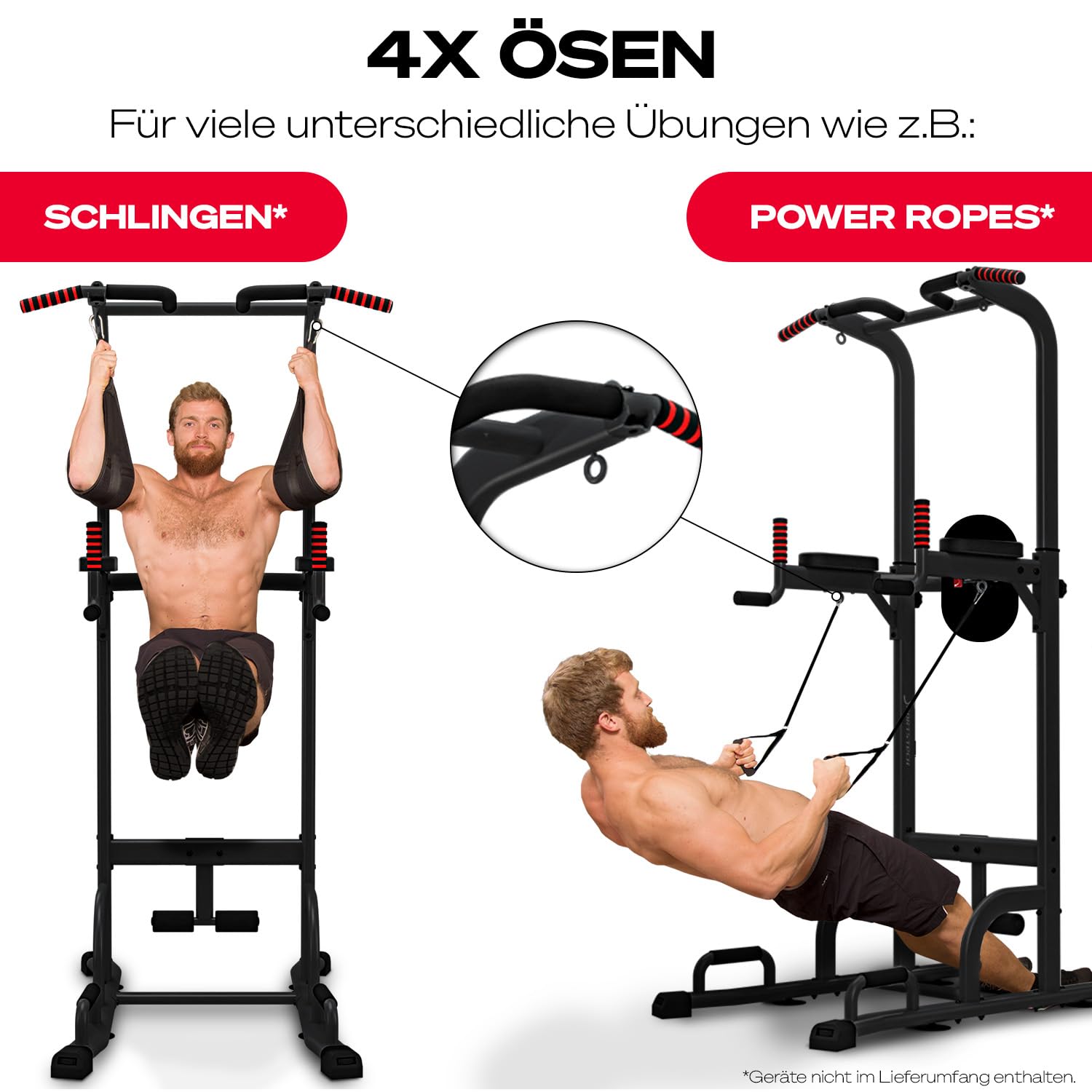 Sportstech 7in1 Power Tower PT300, Dip-Station & Kraftturm, multifunktionale Heim-Kraftstation mit Klimmzugstange, Liegestützgriffe, TRX/Ropes-Ösen