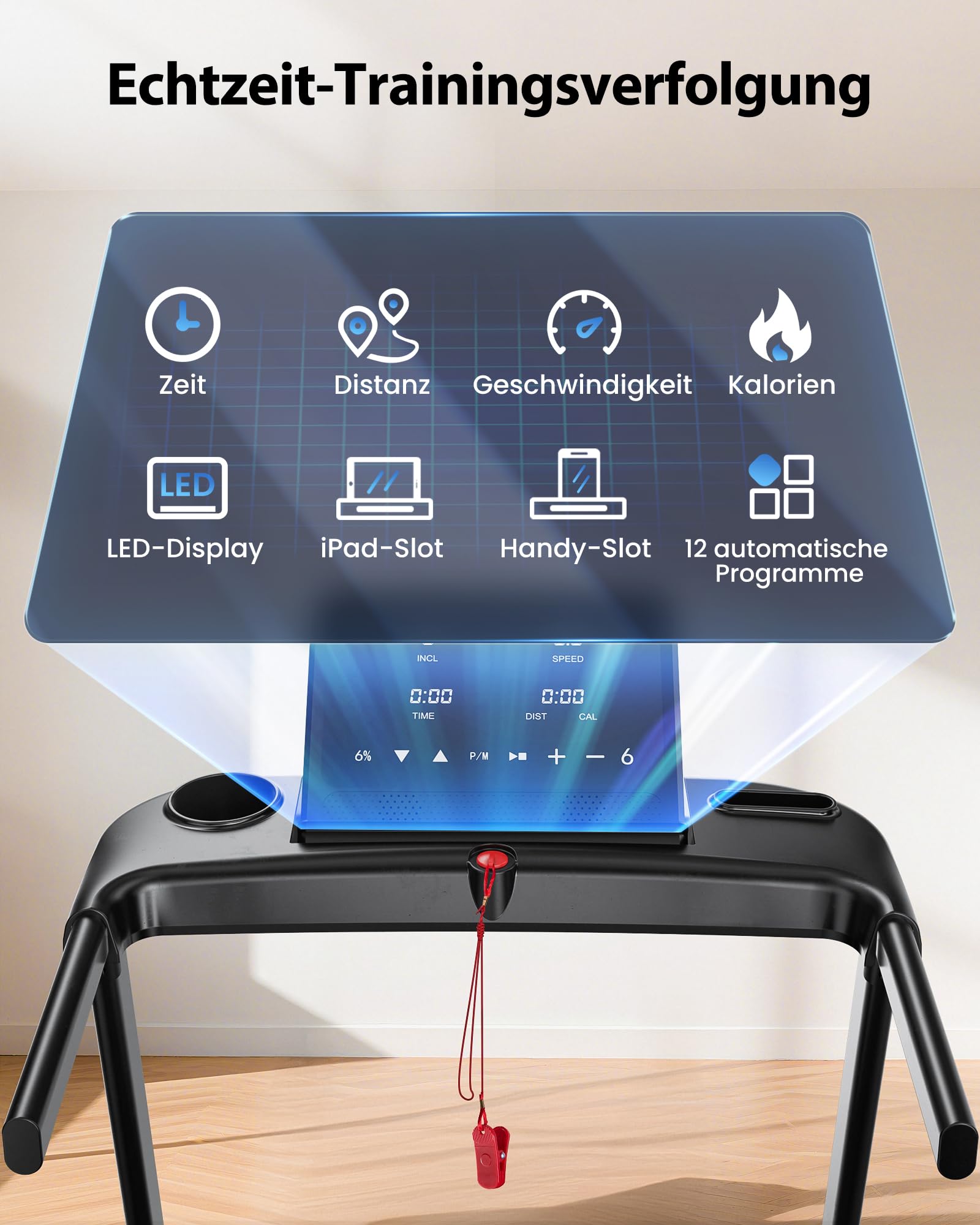 Laufband klappbar für Zuhause, 1–14 km/h, 3 PS, 15 % automatische Steigung, LED-Anzeige, 12 Programme, bis 136 kg, Walking Pad