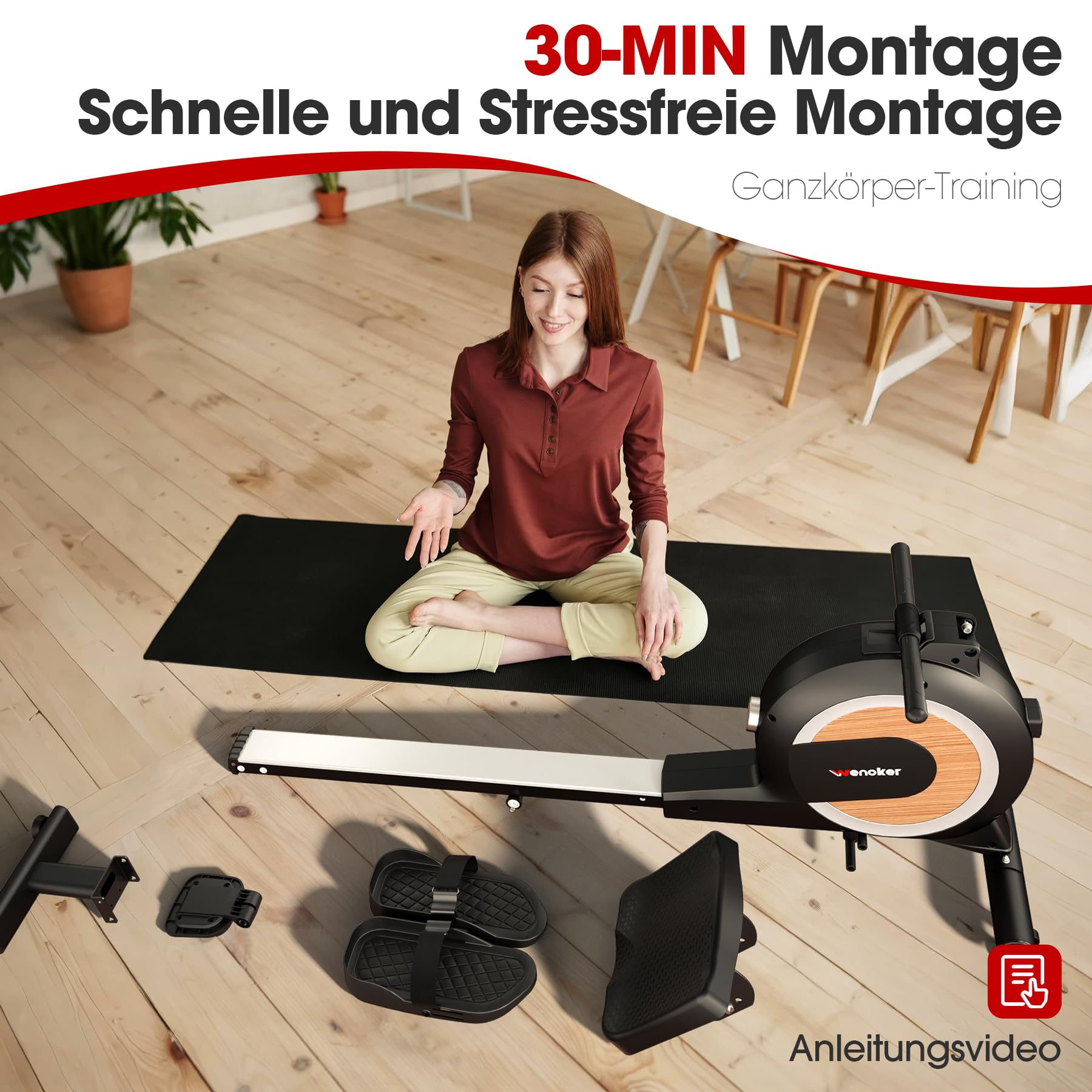 Wenoker Rudergerät für Zuhause, magnetisch mit 32 Stufen, APP & LCD-Display, leise, bis 160 kg, vertikal verstaubar