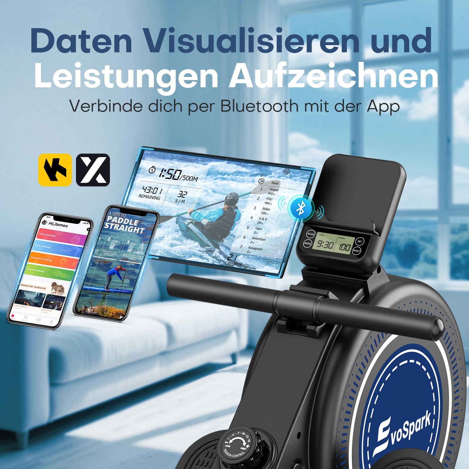 EvoSpark Rudergerät für Zuhause, magnetisch mit 16 Stufen, Dual-Slide-Rail, leicht montierbar, bis 160 kg belastbar