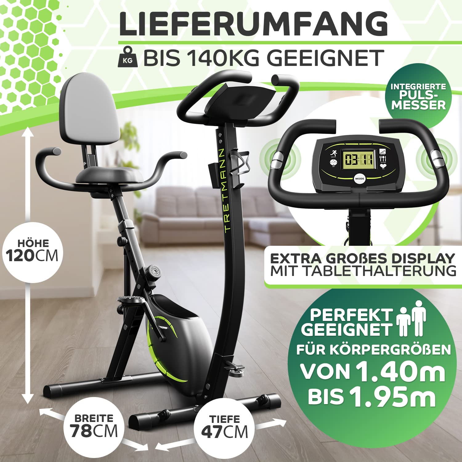 Tretmann 3in1 Heimtrainer klappbar, SoftFoam Sitz, extra komfortabel & leise, DEKRA geprüft, tiefer Einstieg, Ergometer Fahrrad für Zuhause