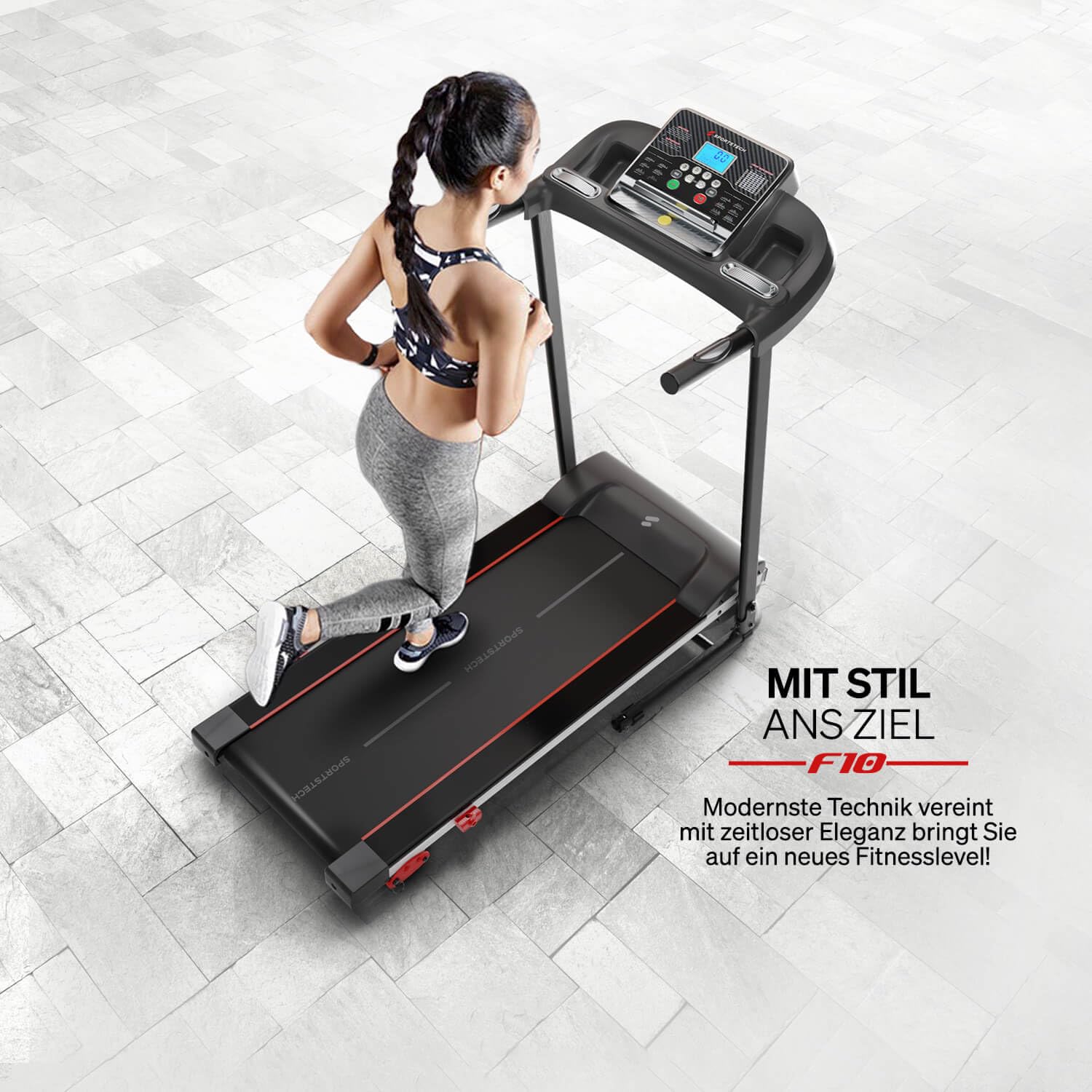 Sportstech F10 Laufband klappbar für Zuhause, 2,5 PS, bis 10 km/h, 13 Programme, Steigung, App & Schmierfunktion, max. 120 kg, deutsche Qualitätsmarke