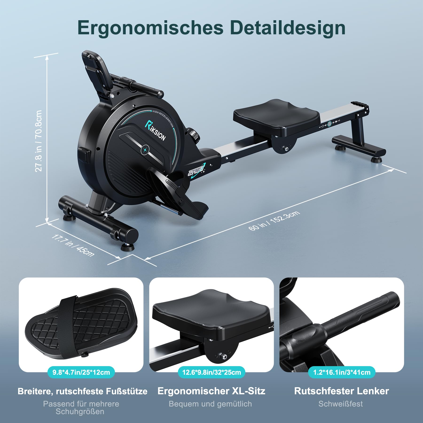Riksion Rudergerät für Zuhause, magnetisch mit LCD-Display, 16 Widerstandsstufen, bis 160 kg belastbar, platzsparend vertikal verstaubar