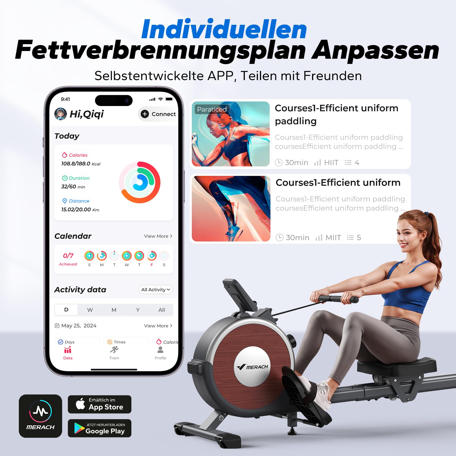 MERACH Rudergerät für Zuhause, magnetisch mit 16 Stufen, leise, APP, Doppelschienen, stabil, einfacher Aufbau – ideale Wahl für Heimfitness