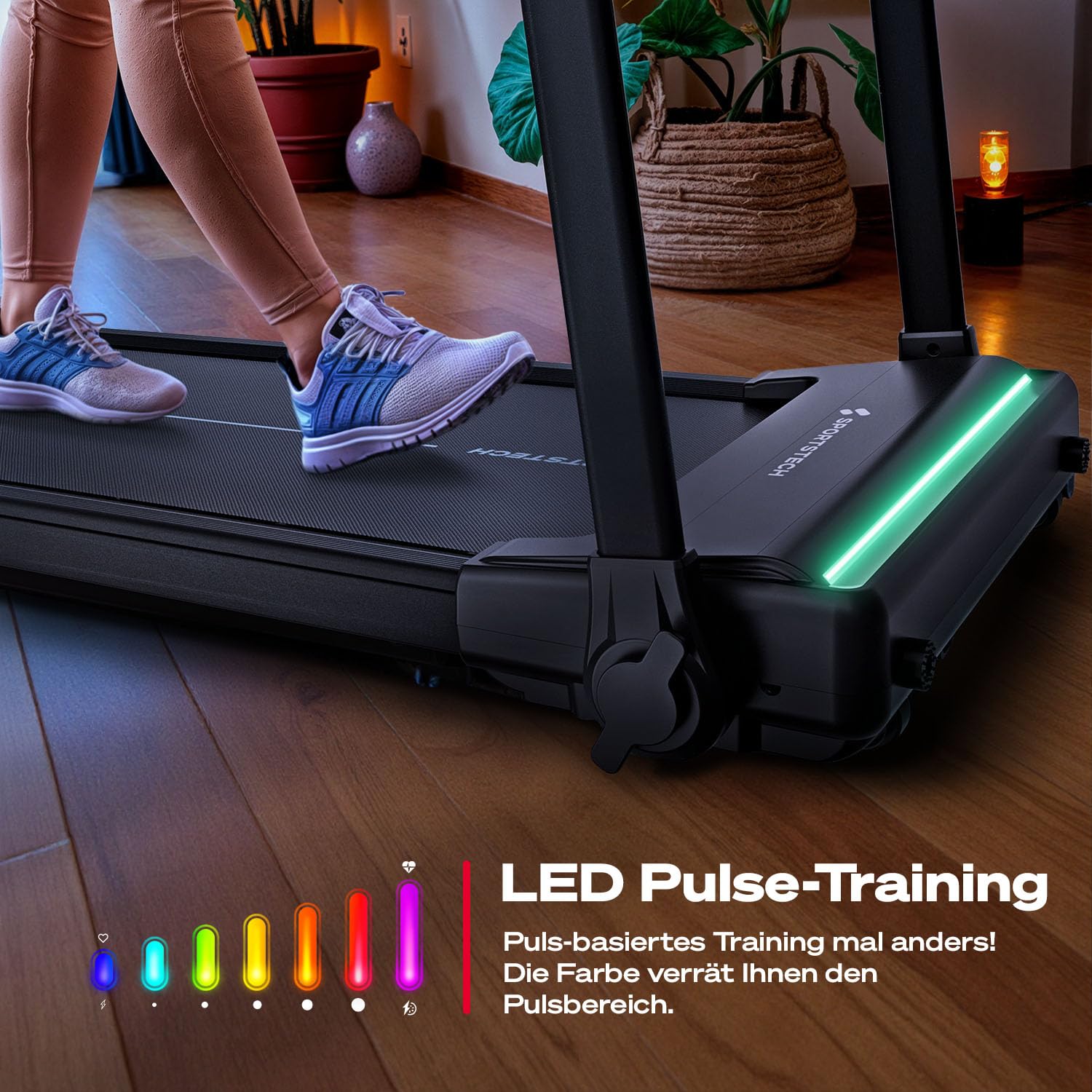 Sportstech Laufband klappbar für Zuhause, bis 12 km/h, max. 120 kg, 11,5 % Steigung, LED, Tablethalter, Bluetooth App, sProRun