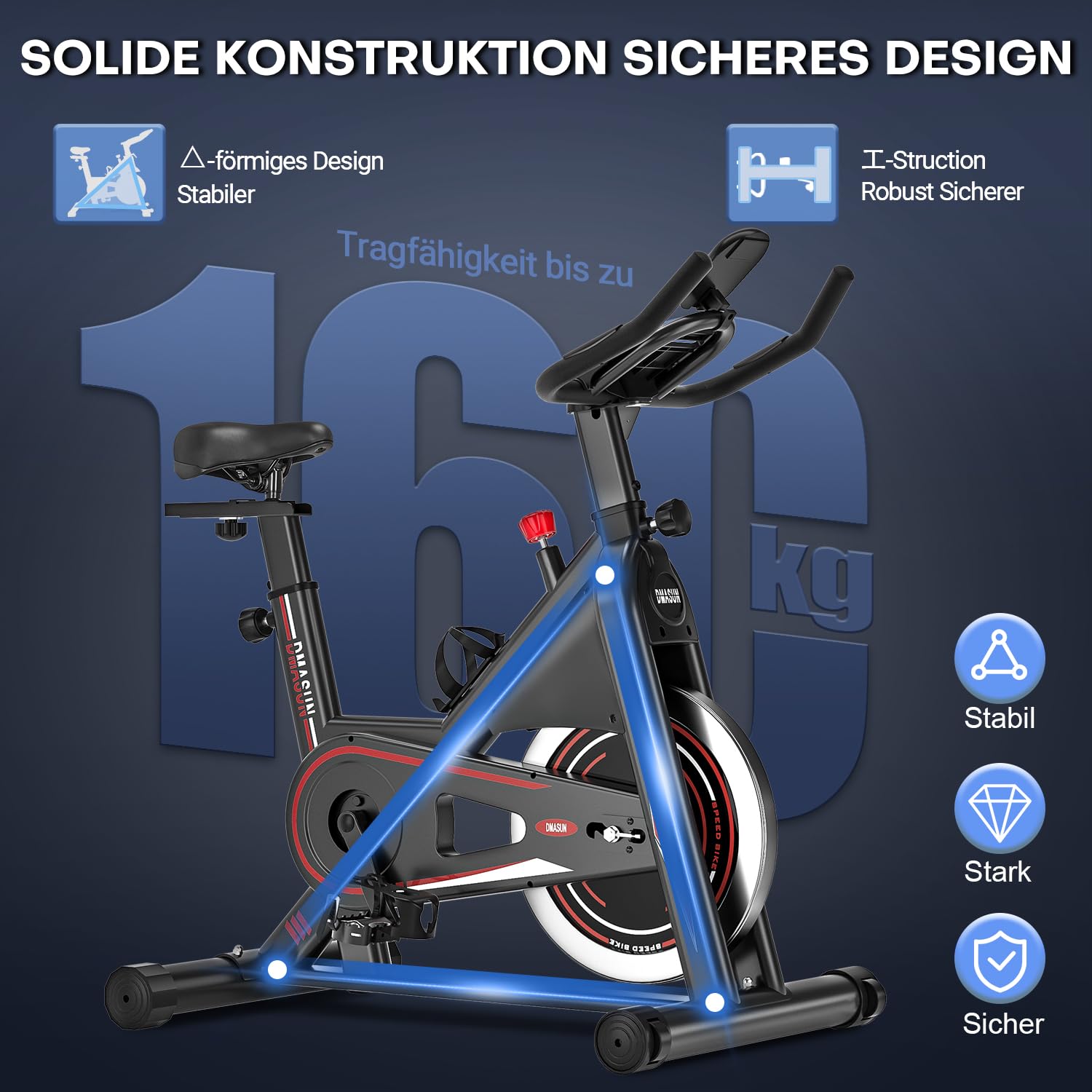 DMASUN Heimtrainer Fahrrad [Aktualisiert] - Ergometer mit einstellbarem magnetischem Widerstand, höhenverstellbar, Indoor Cycling Bike, 160kg