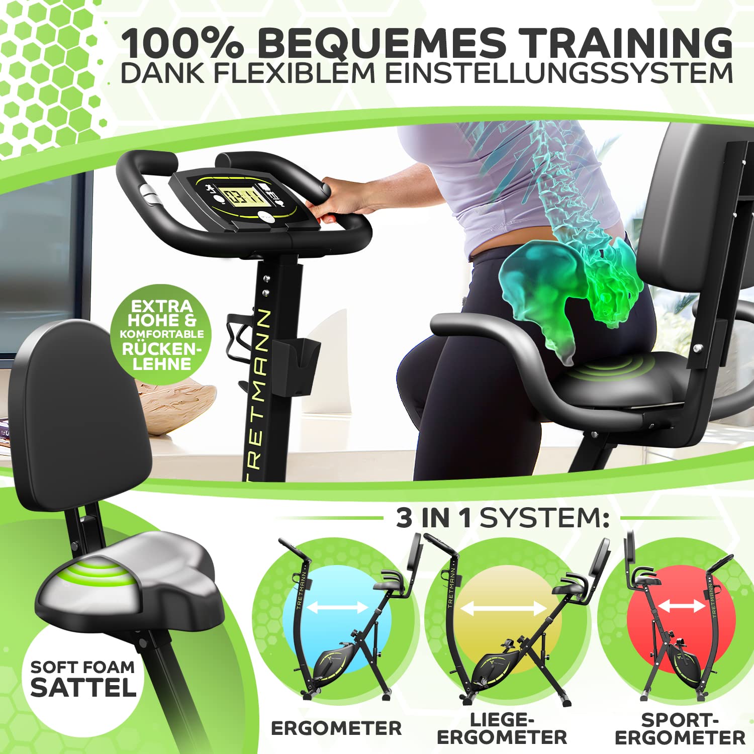 Tretmann 3in1 Heimtrainer klappbar, SoftFoam Sitz, extra komfortabel & leise, DEKRA geprüft, tiefer Einstieg, Ergometer Fahrrad für Zuhause