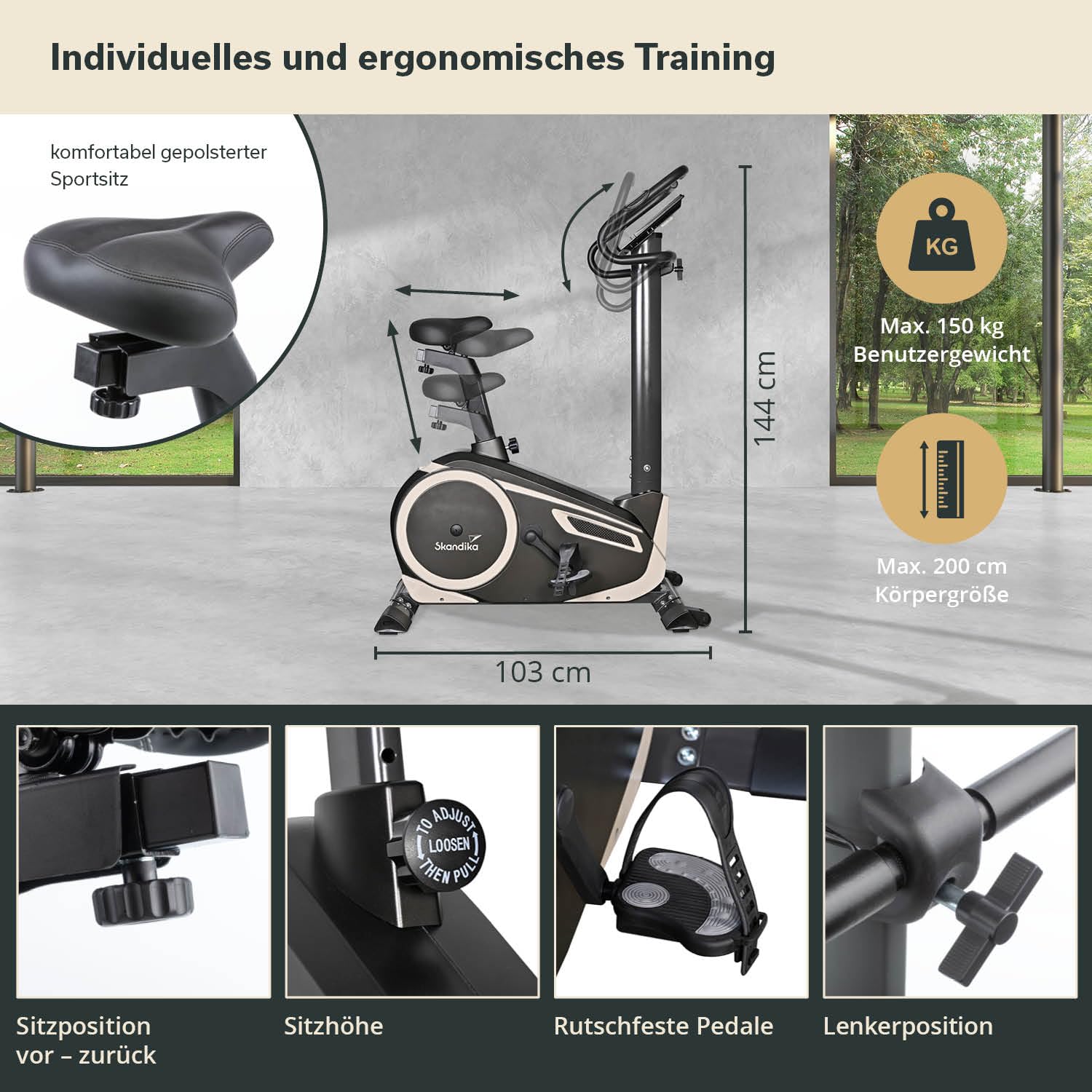 skandika Ergometer Morpheus Fitnessbike - Heimtrainer mit Bluetooth, Pulsgurt, 32 Widerstandseinstellungen, Multifunktionscomputer, Kalorienverbrauch