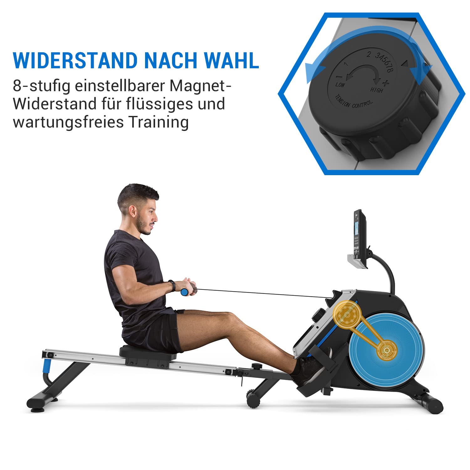 Capital Sports Rudergerät für Zuhause, Kompakter Rowshaper, Klappbar mit 8 Stufen, LCD-Monitor, Bodenrollen, Row Shaper mit Magnetwiderstand, Cardio