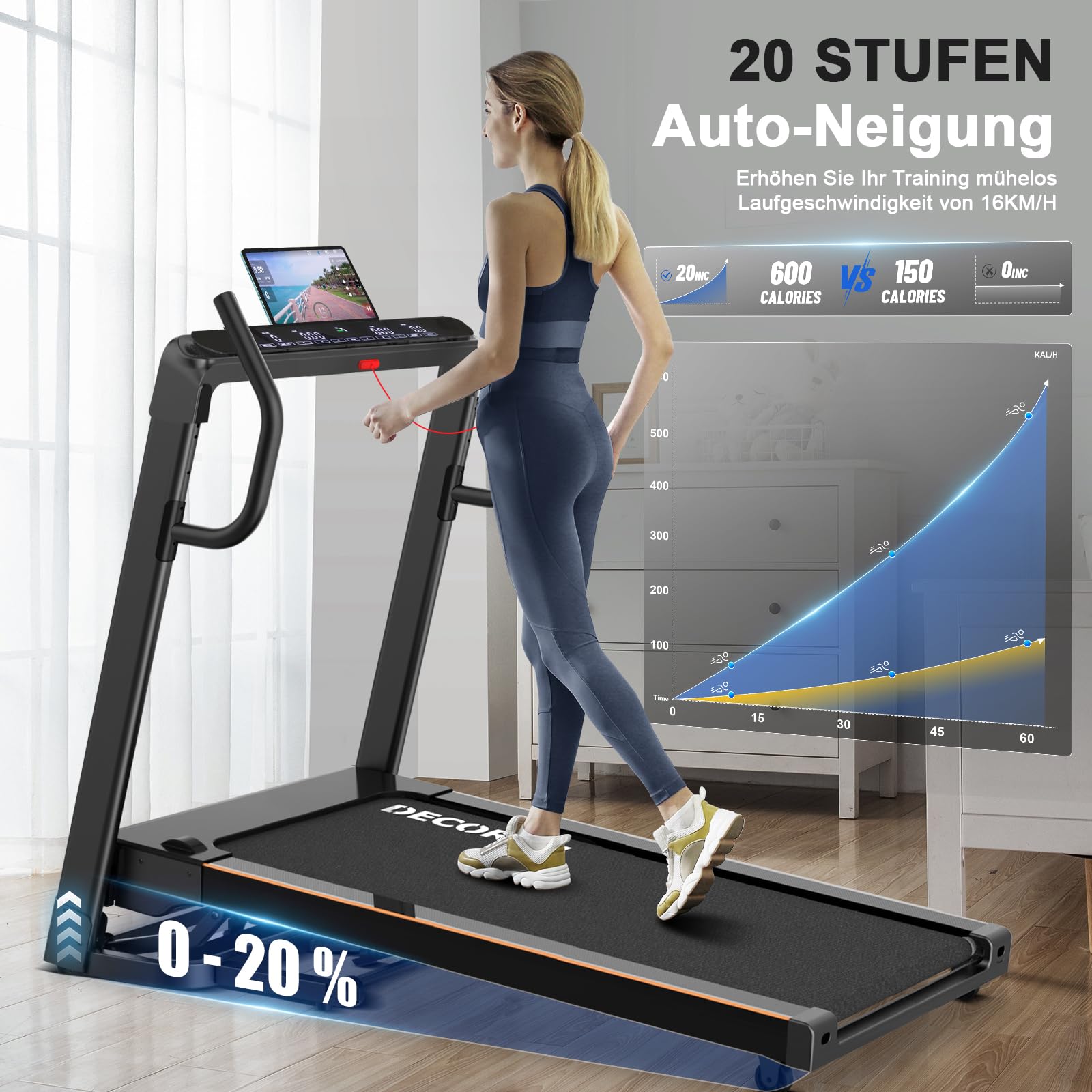 Decorcn Laufband für Zuhause - 4,5 PS, bis 16 km/h, klappbar mit großer Lauffläche, 20 Neigungsstufen, LCD-Display & Bluetooth, bis 150kg