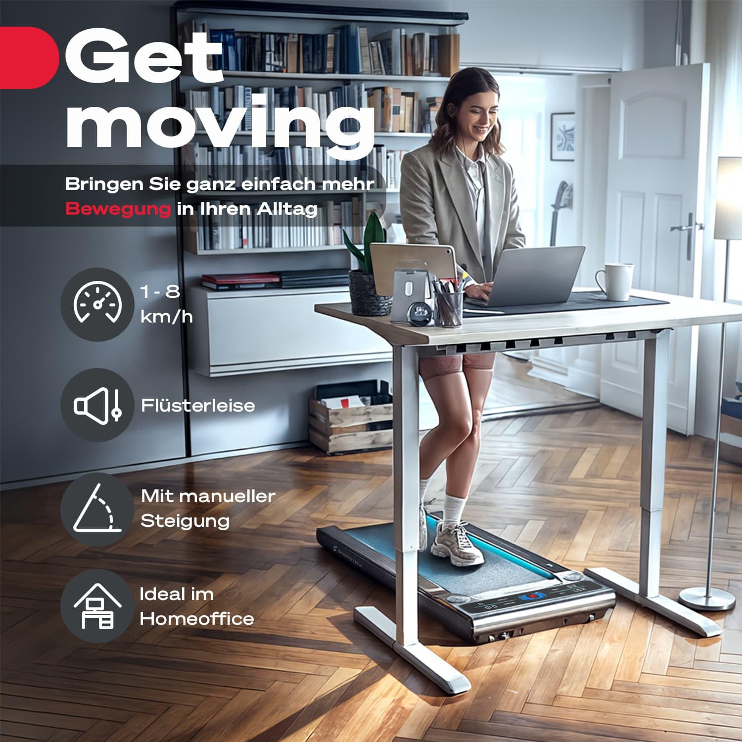 sWalk Walking Pad Laufband, 1–6 km/h, LED & LCD, App-kompatibel, flexibles Under-Desk Treadmill für Zuhause & Büro, deutsche Qualitätsmarke