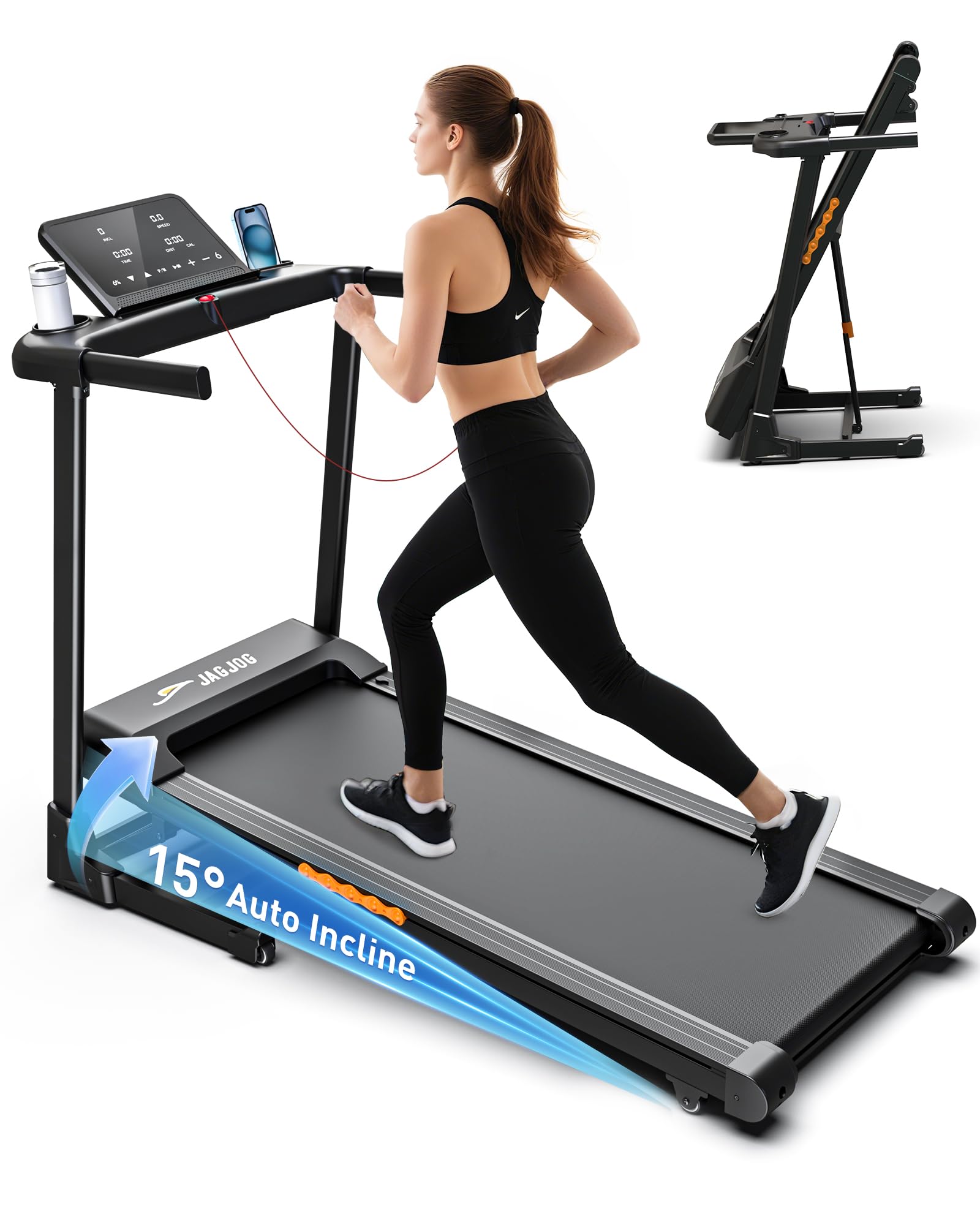 Laufband klappbar für Zuhause, 1–14 km/h, 3 PS, 15 % automatische Steigung, LED-Anzeige, 12 Programme, bis 136 kg, Walking Pad