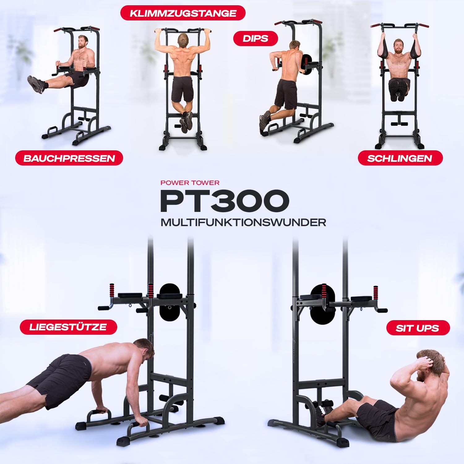 Sportstech 7in1 Power Tower PT300, Dip-Station & Kraftturm, multifunktionale Heim-Kraftstation mit Klimmzugstange, Liegestützgriffe, TRX/Ropes-Ösen