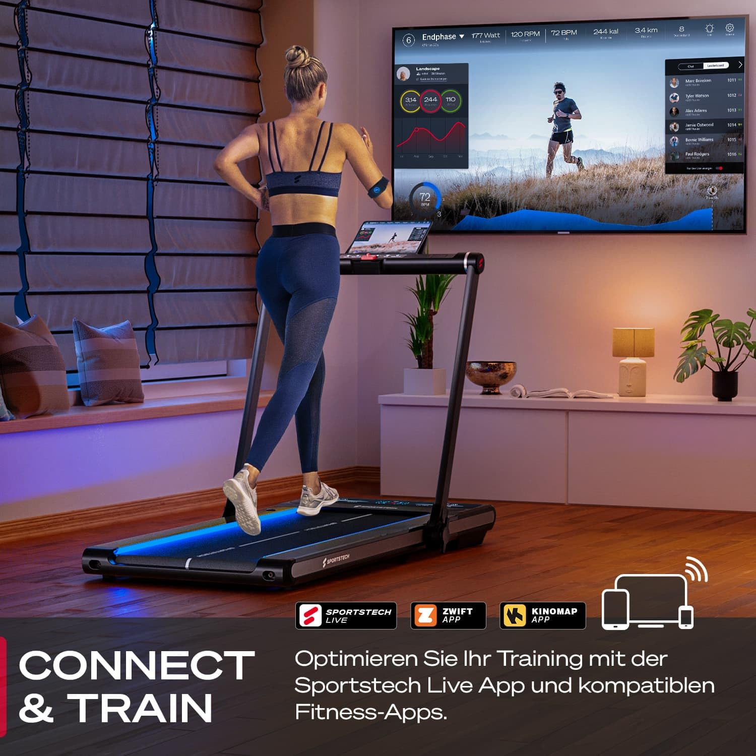 Sportstech sWalk Plus 2-in-1, LED Laufband & Walking Pad, klappbar, bis 14 km/h, 3,5 PS, Bluetooth App, Heim-Fitness Treadmill, max. 120 kg