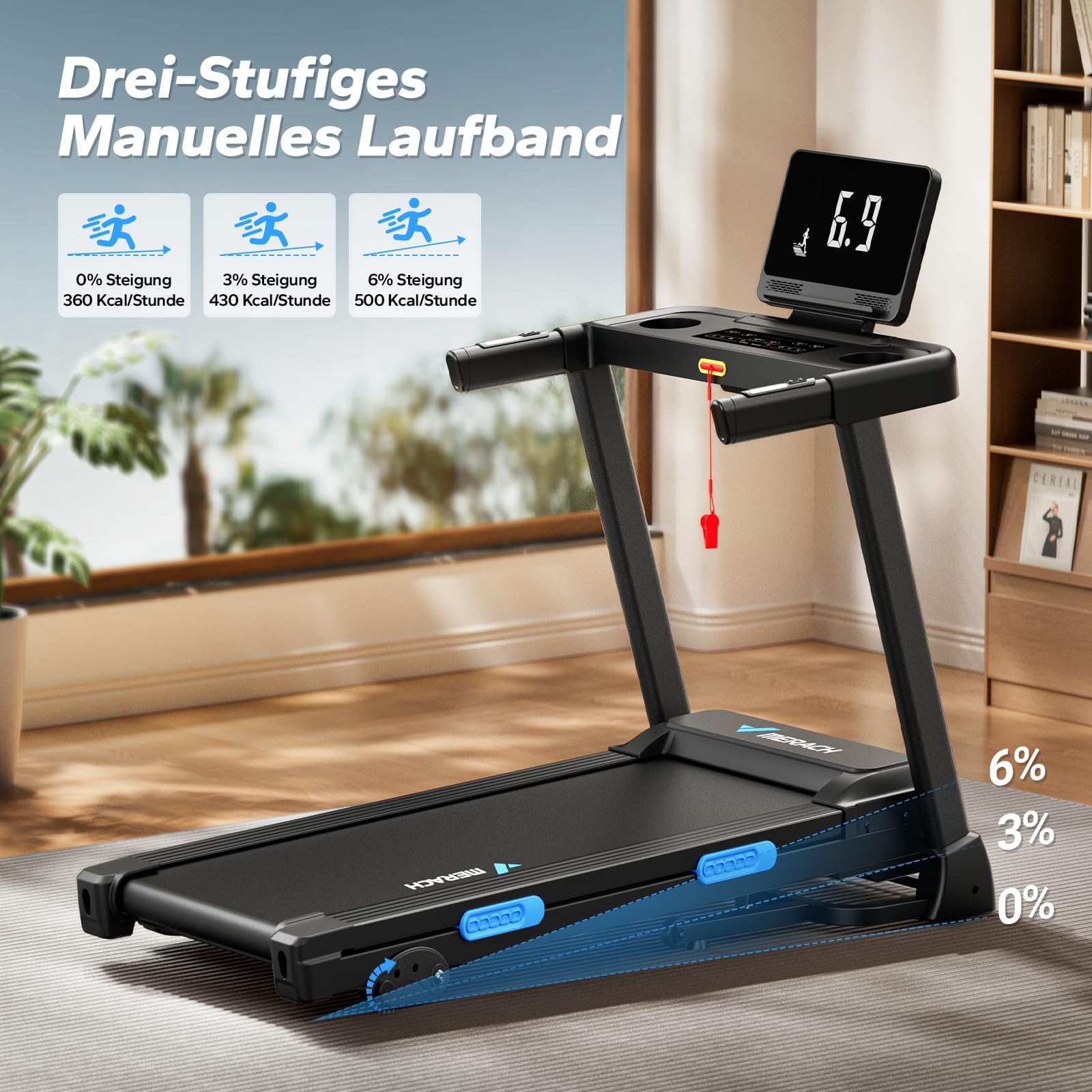 MERACH Laufband klappbar für Zuhause, 2,5 PS, 0,8–12 km/h, 6 % Steigung, LED-Display, Tablet-Halter, App-kompatibel, Walking Pad für Büro/Zuhause
