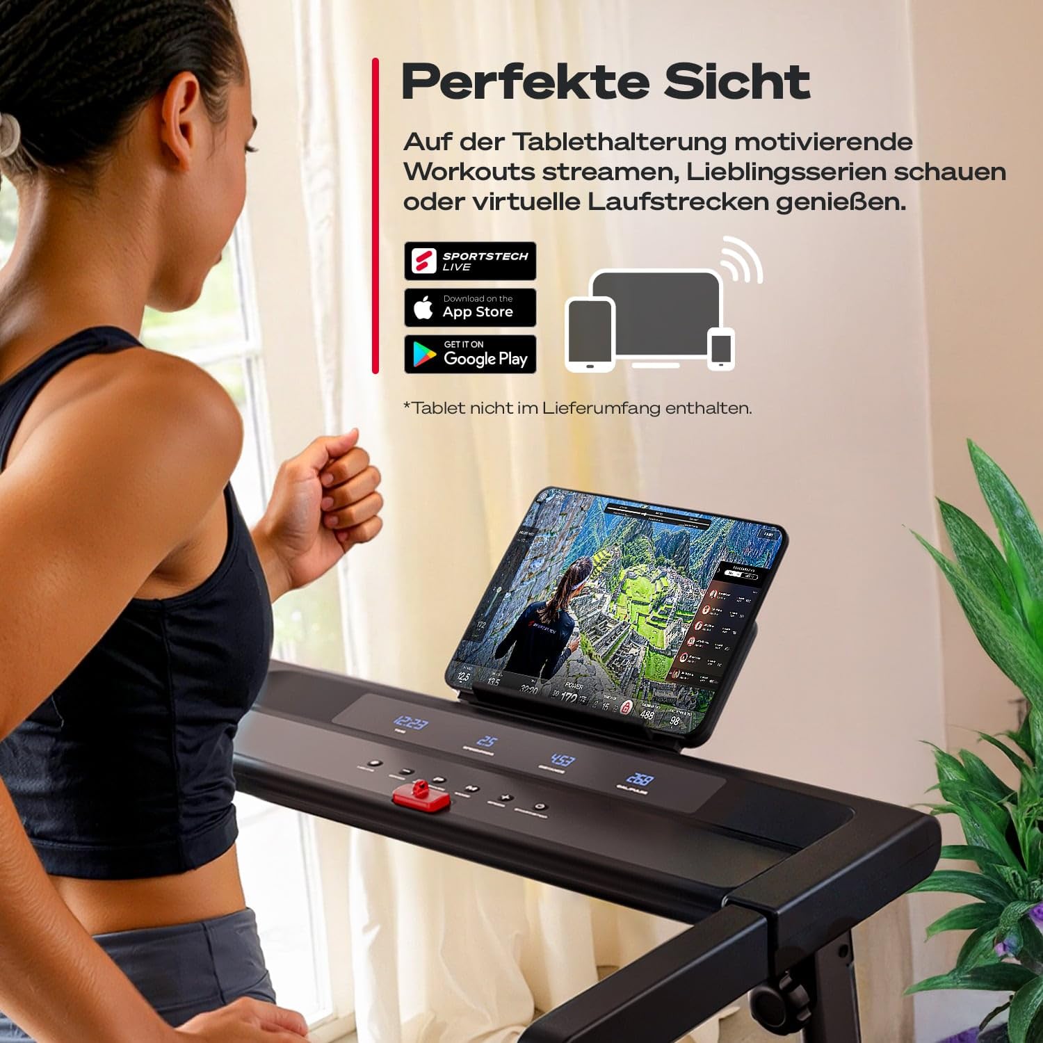 Sportstech Laufband klappbar für Zuhause, bis 12 km/h, max. 120 kg, 11,5 % Steigung, LED, Tablethalter, Bluetooth App, sProRun