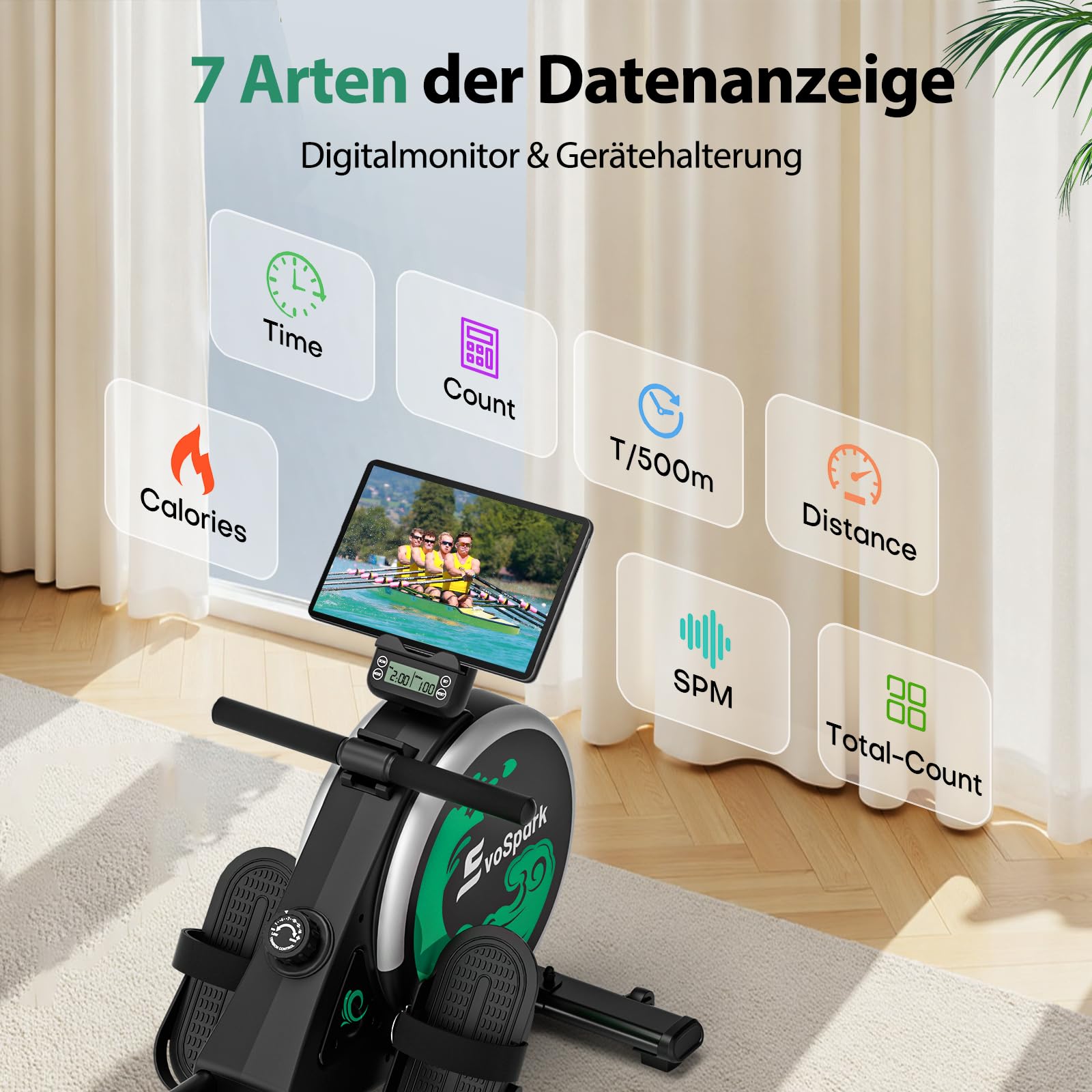 EvoSpark Rudergerät für Zuhause, 16 Stufen, APP, ultraleise Doppel-Slide-Rails, LCD-Anzeige – ideale Wahl für Fitness & Training