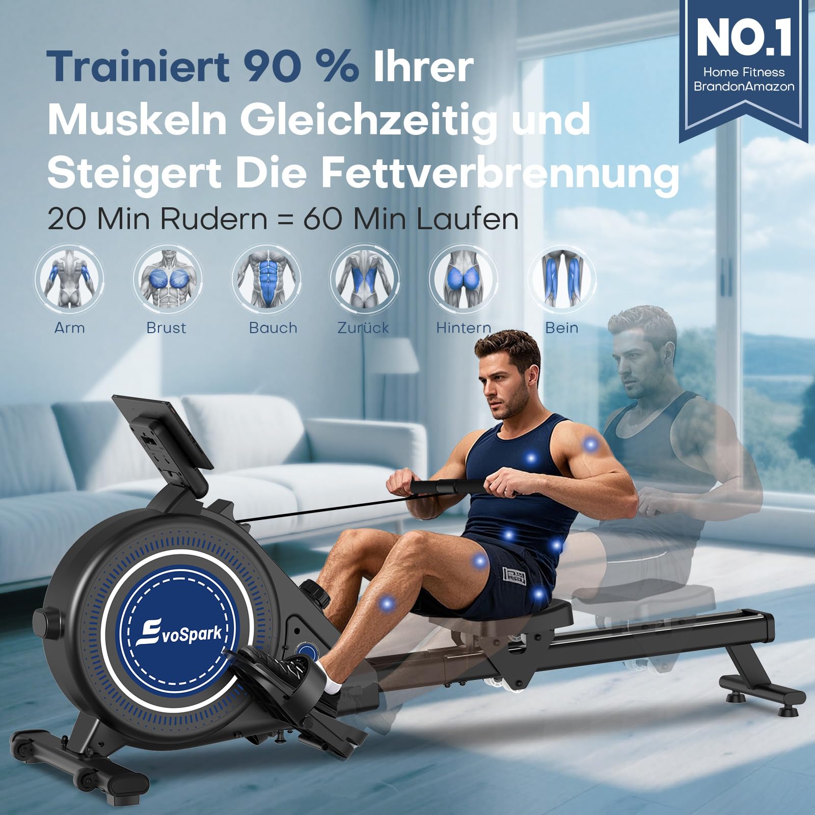 EvoSpark Rudergerät für Zuhause, magnetisch mit 16 Stufen, Dual-Slide-Rail, leicht montierbar, bis 160 kg belastbar