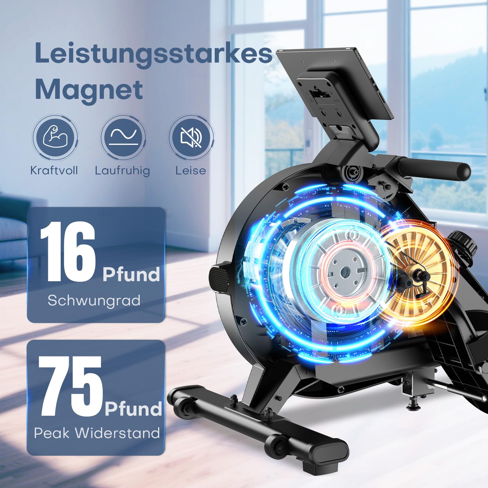 EvoSpark Rudergerät für Zuhause, magnetisch mit 16 Stufen, Dual-Slide-Rail, leicht montierbar, bis 160 kg belastbar