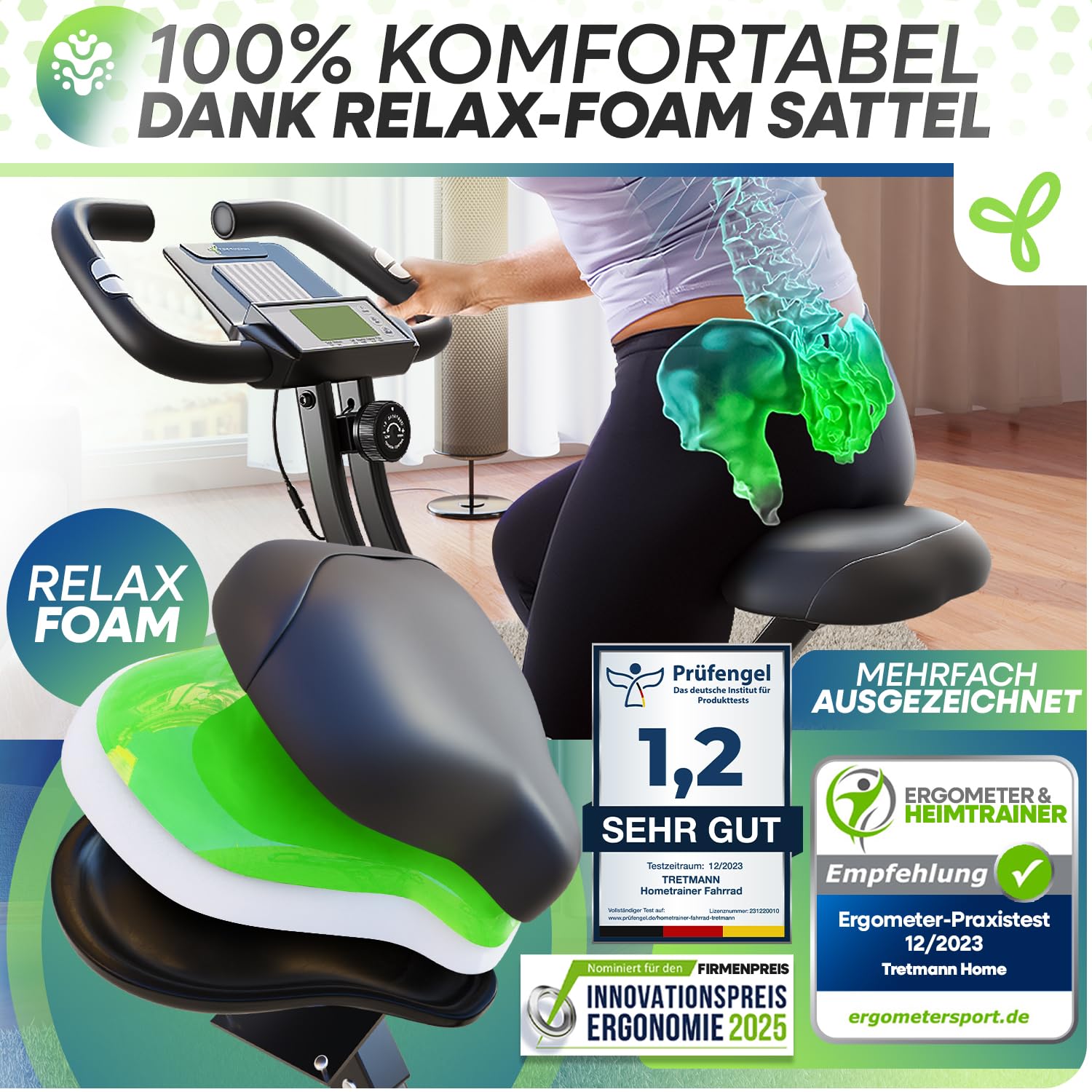 Neu Tretmann Hometrainer klappbar Set, RelaxFoam Sitz, bis 150kg, extra bequem & leise, Ergometer Heimtrainer Fahrrad für Senioren & Zuhause Fitness