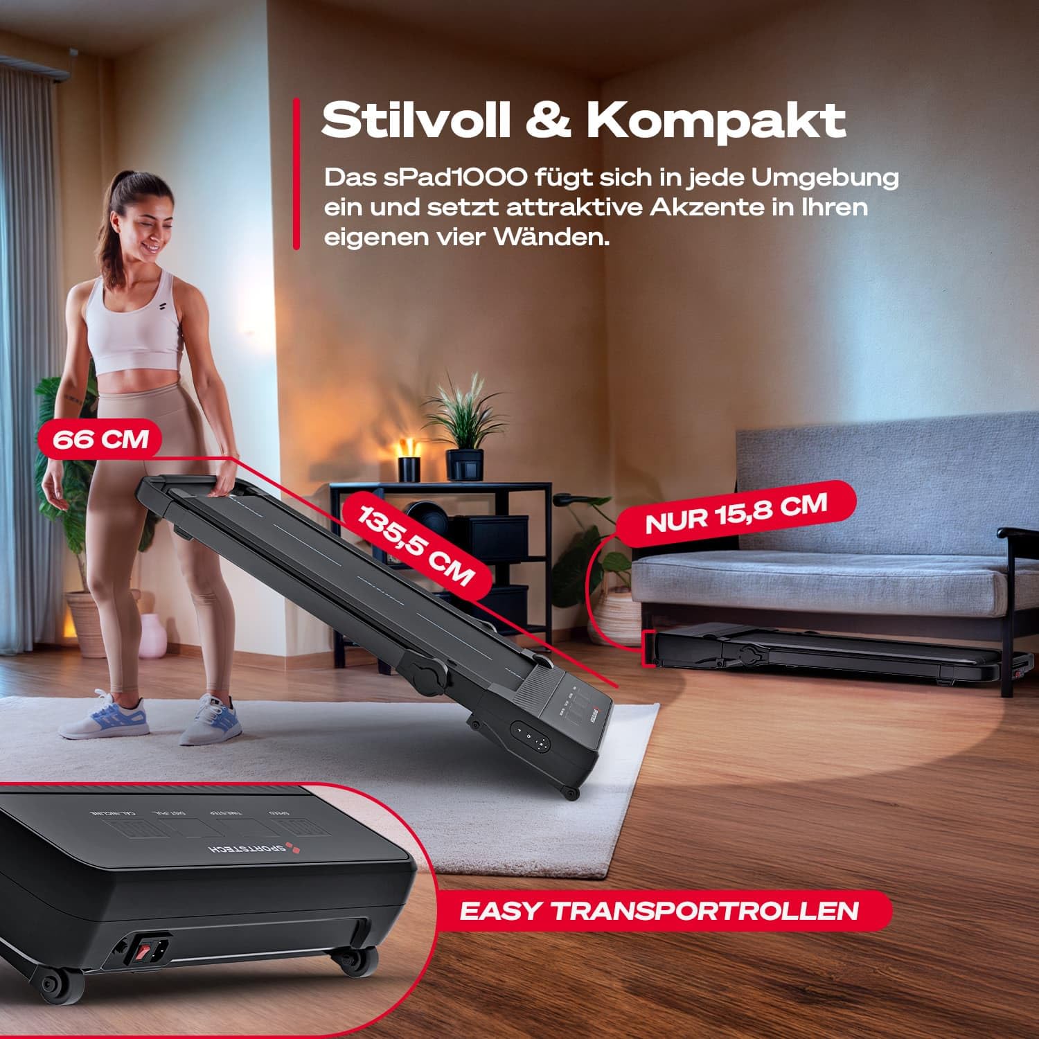 Sportstech Walking Pad sPad1000 - Laufband für Zuhause/Schreibtisch, automatische Steigung bis 19%, LED-Display, kompakt, leise, App, Home Office