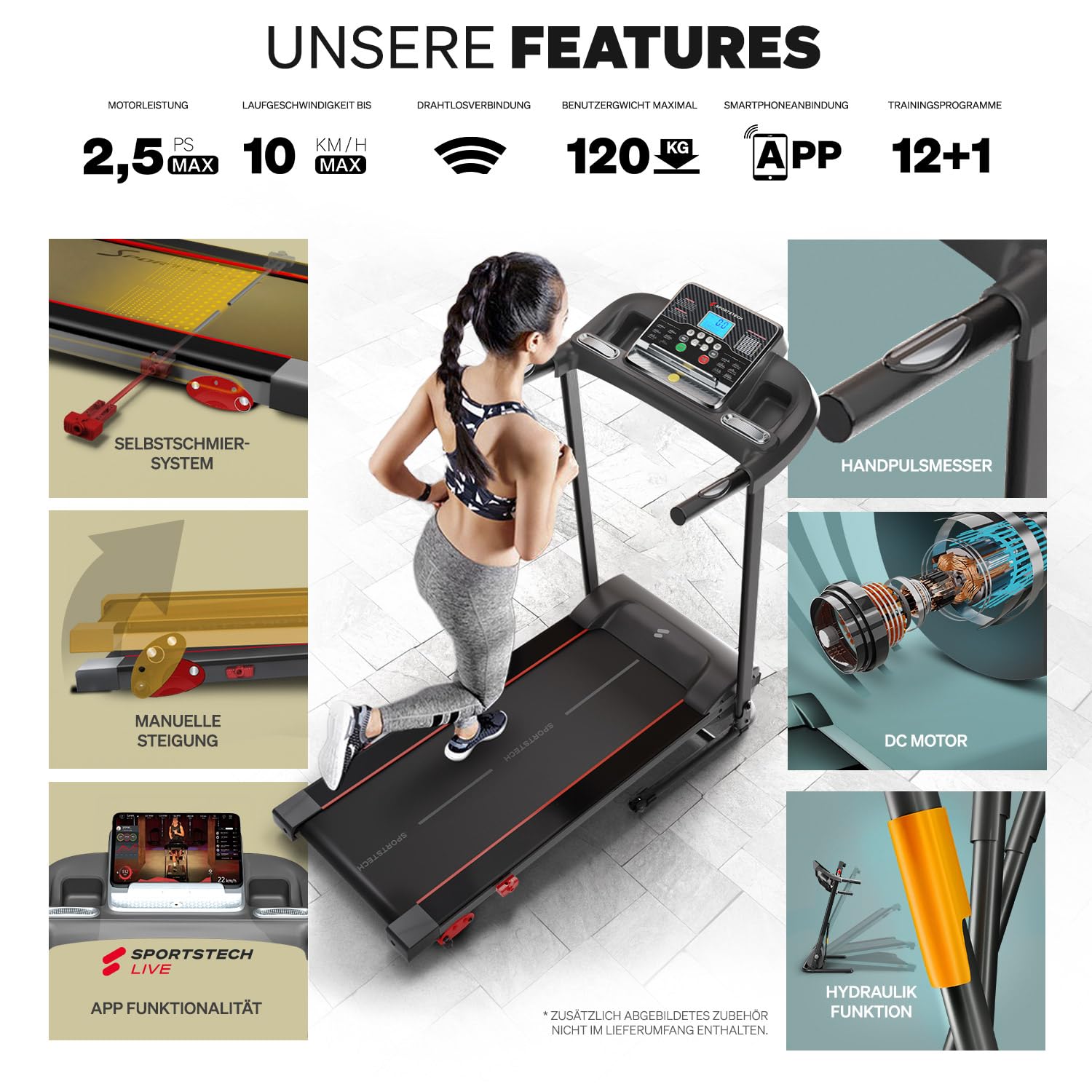 Sportstech F10 Laufband klappbar für Zuhause, 2,5 PS, bis 10 km/h, 13 Programme, Steigung, App & Schmierfunktion, max. 120 kg, deutsche Qualitätsmarke