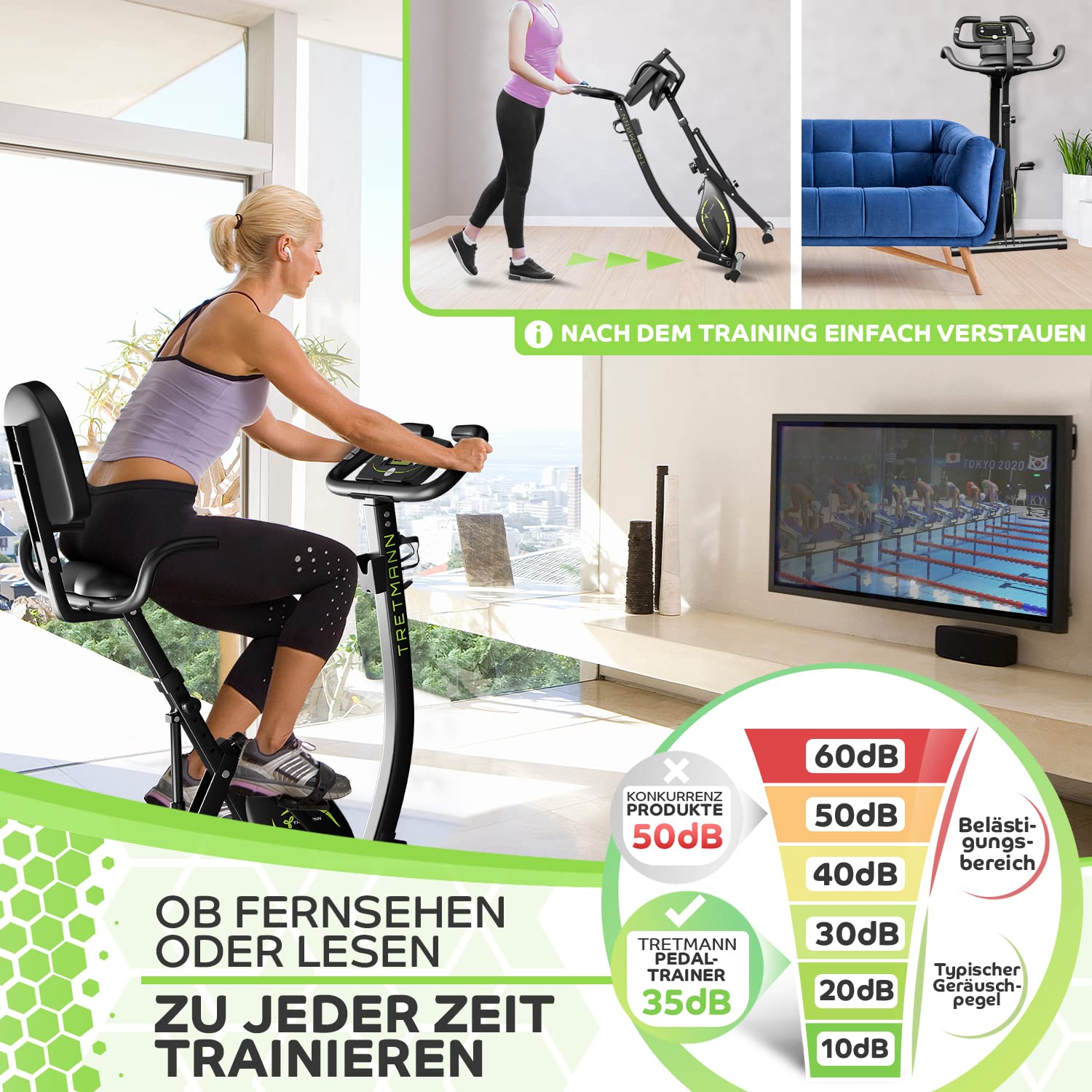 Tretmann 3in1 Heimtrainer klappbar, SoftFoam Sitz, extra komfortabel & leise, DEKRA geprüft, tiefer Einstieg, Ergometer Fahrrad für Zuhause
