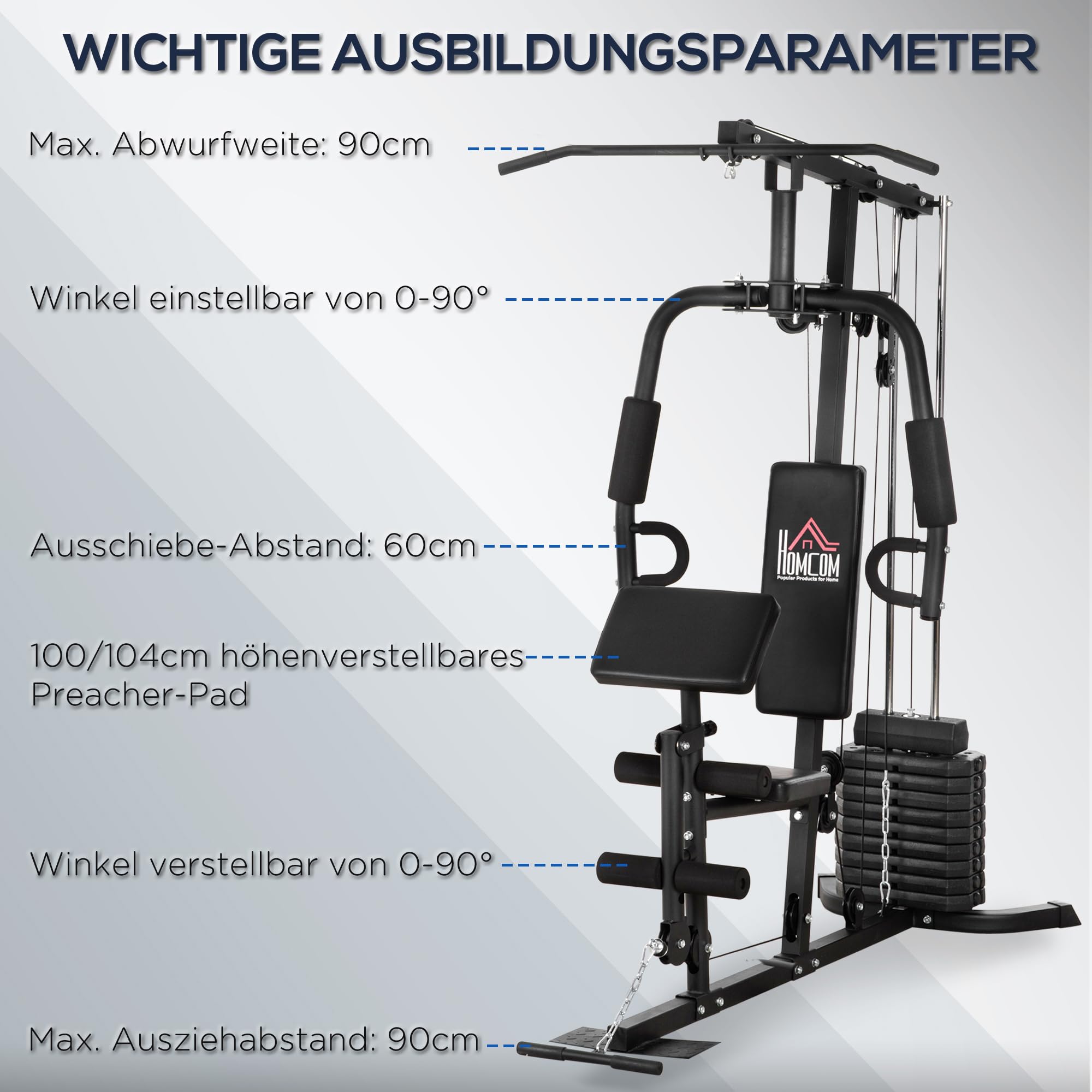 HOMCOM Kompakte Kraftstation, Multifunktionale Fitnessstation, Multistation mit Butterfly, Bizepscurl, Latzug, Beinstrecker, 45 kg Gewichtsblock