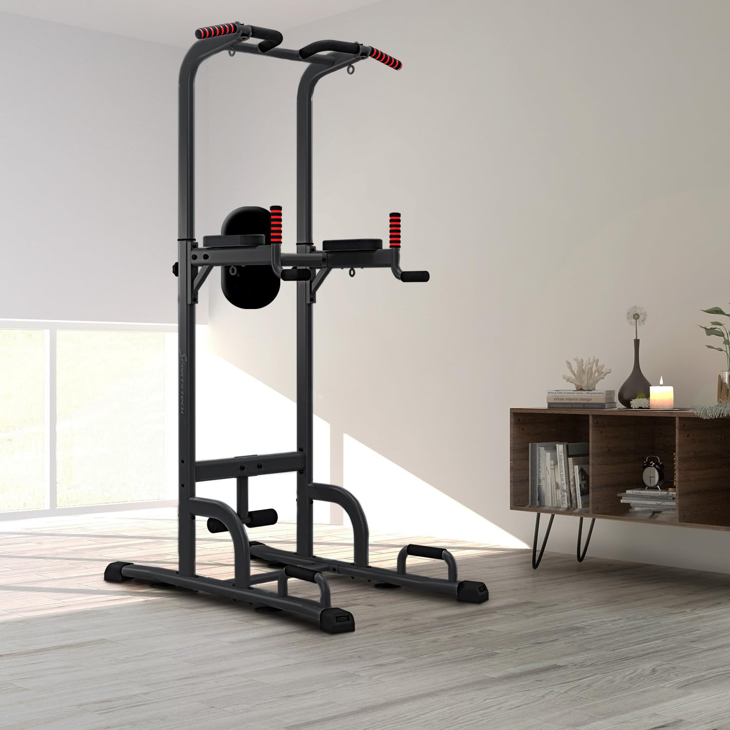 Sportstech 7in1 Power Tower PT300, Dip-Station & Kraftturm, multifunktionale Heim-Kraftstation mit Klimmzugstange, Liegestützgriffe, TRX/Ropes-Ösen