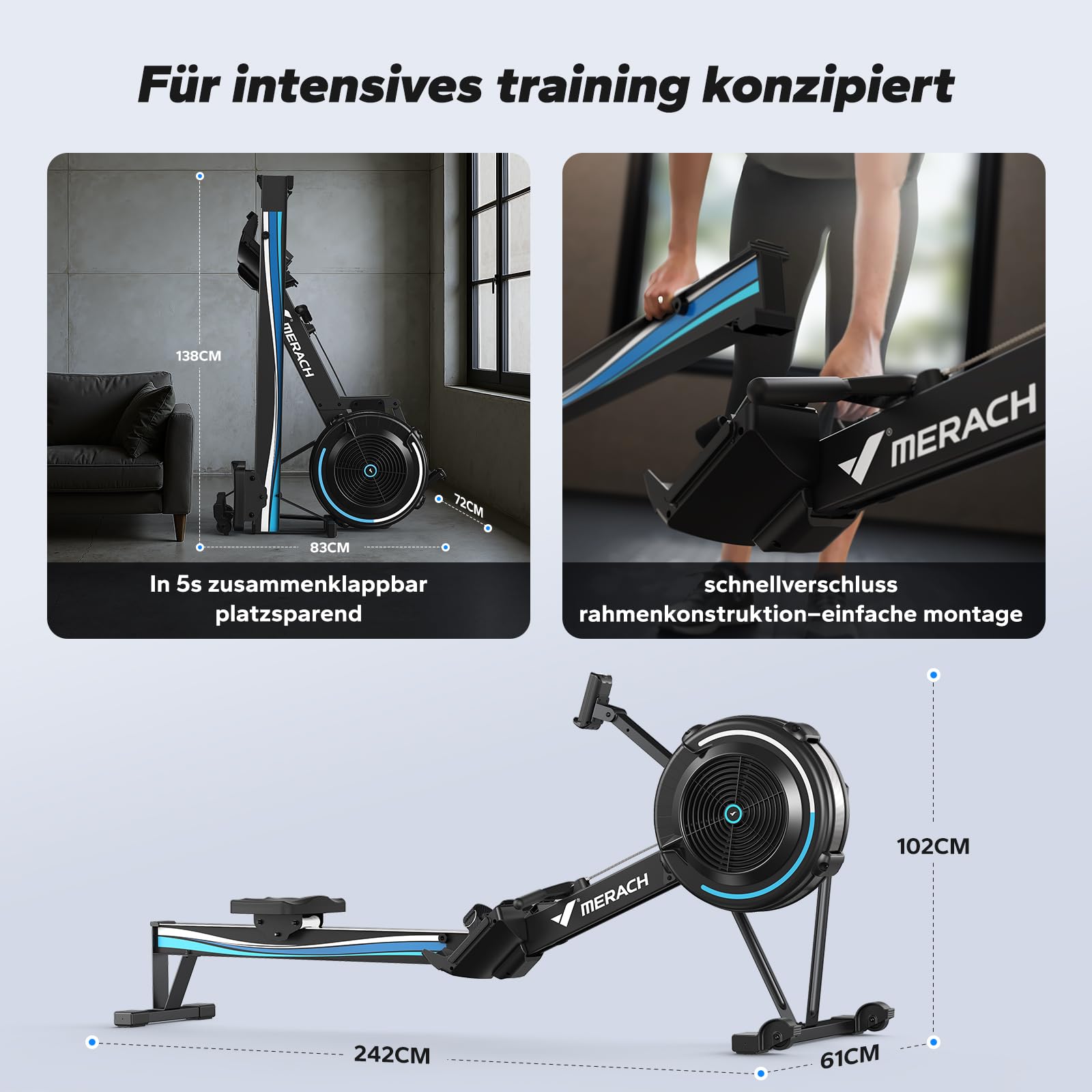 MERACH Rudergerät Luftwiderstand für Zuhause - 10 Stufen einstellbar, exklusive APP, professionelles Indoor-Rudergerät, ergonomischer Sitz