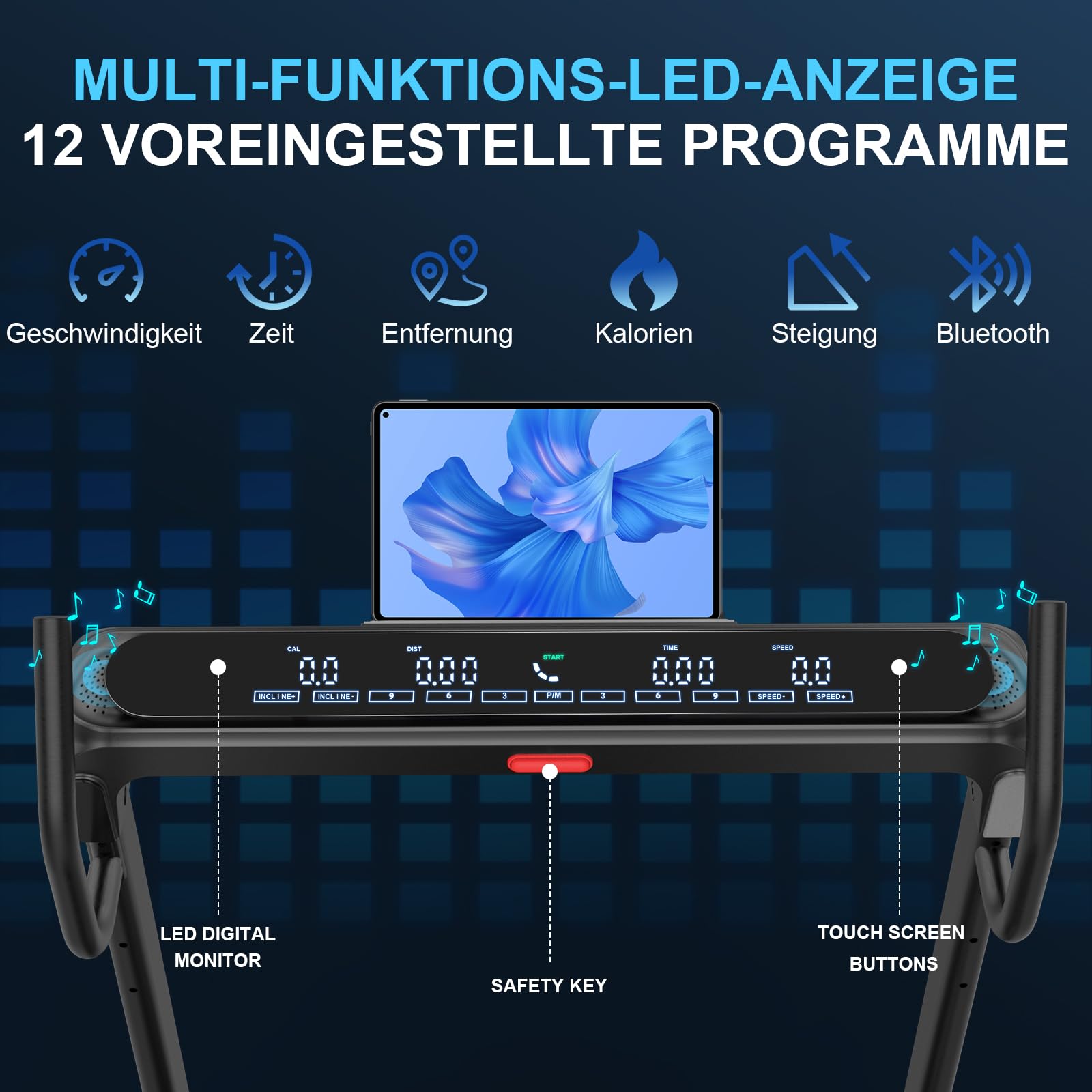 Decorcn Laufband für Zuhause - 4,5 PS, bis 16 km/h, klappbar mit großer Lauffläche, 20 Neigungsstufen, LCD-Display & Bluetooth, bis 150kg