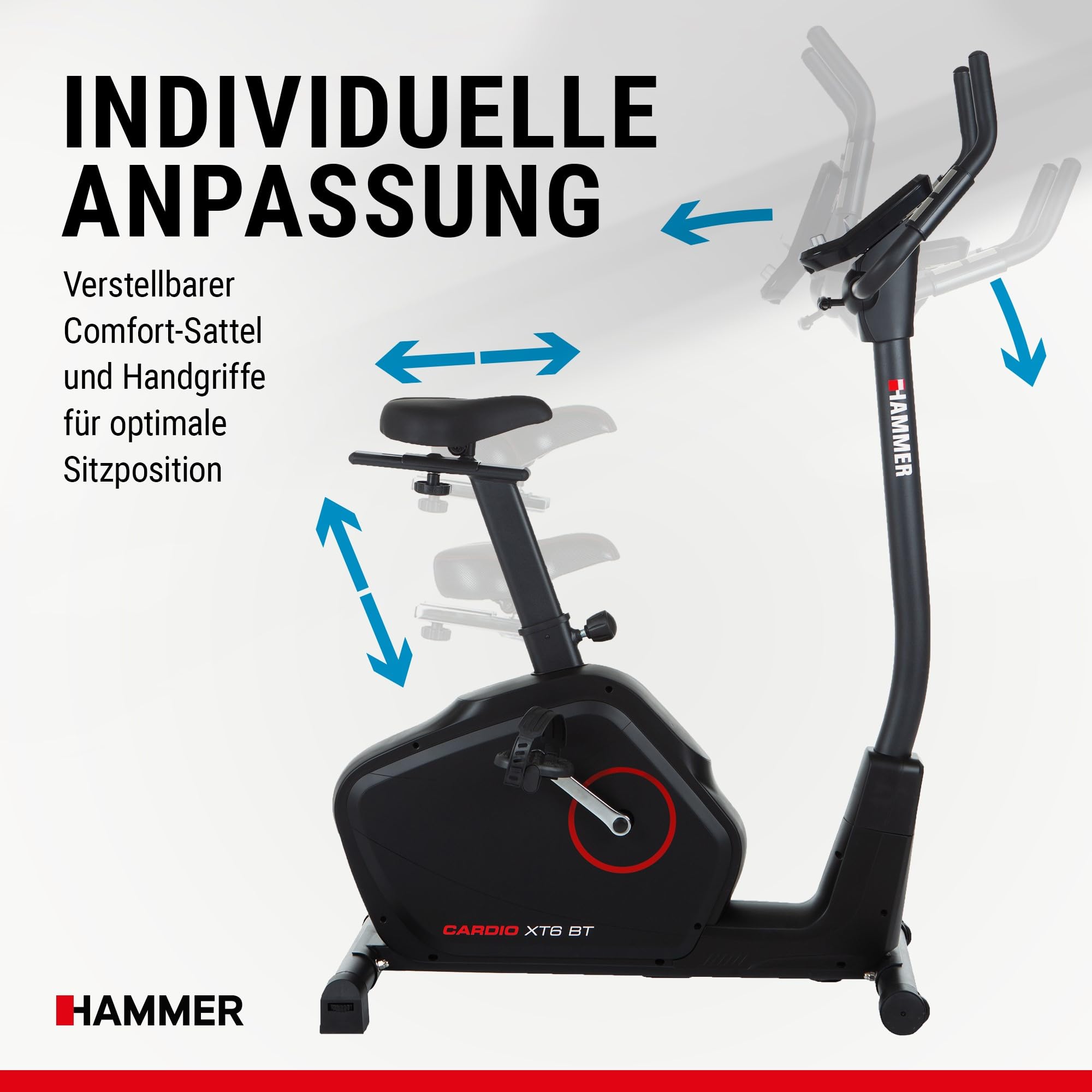 HAMMER 4862 Ergometer Cardio XT6 BT - leises Fitnessfahrrad, tiefer Einstieg, Comfort-Sattel, 13kg Schwungmasse, Bluetooth & App, 130kg, 93x51x150cm