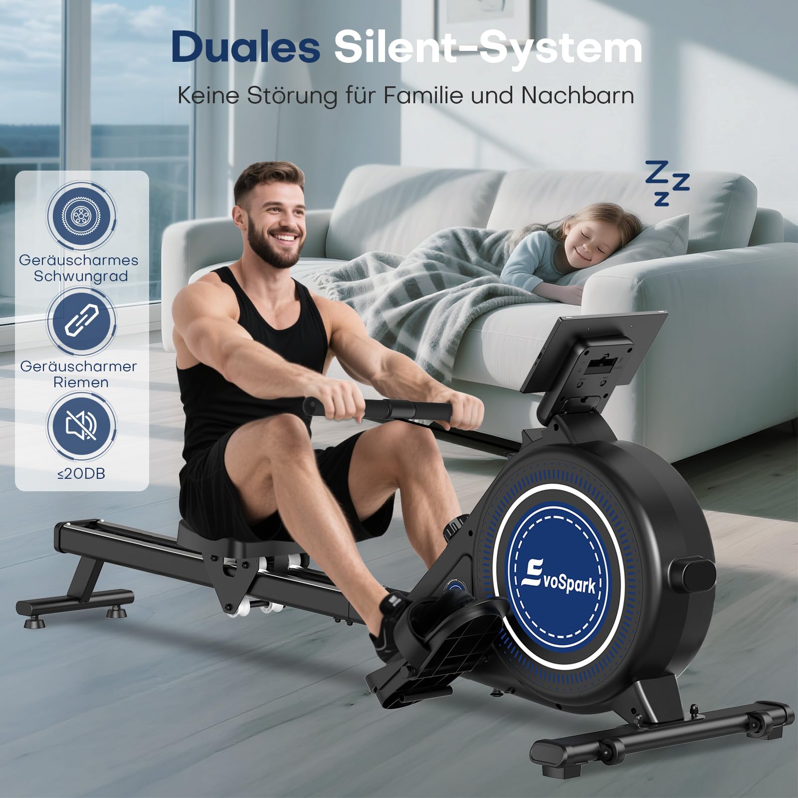 EvoSpark Rudergerät für Zuhause, magnetisch mit 16 Stufen, Dual-Slide-Rail, leicht montierbar, bis 160 kg belastbar