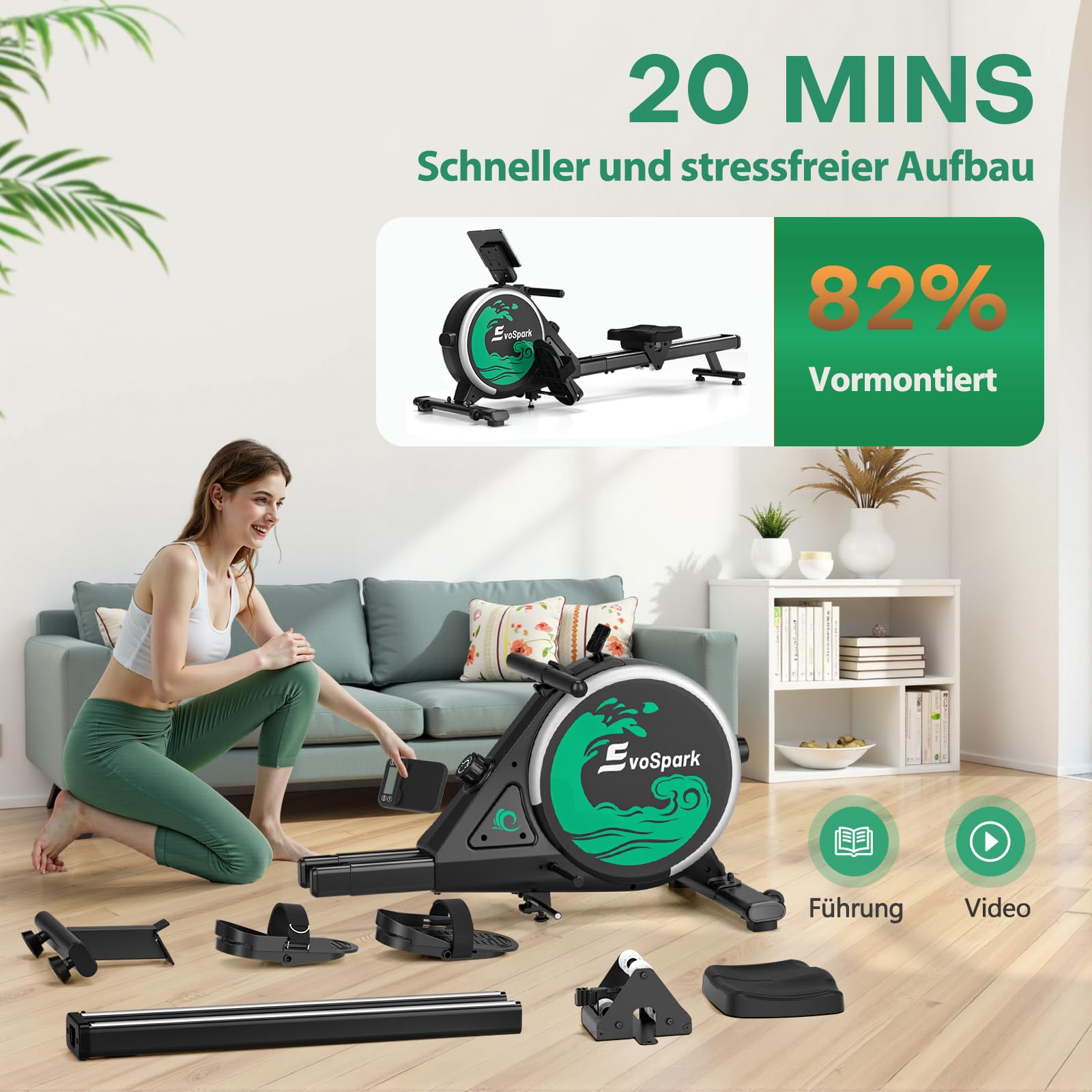 EvoSpark Rudergerät für Zuhause, 16 Stufen, APP, ultraleise Doppel-Slide-Rails, LCD-Anzeige – ideale Wahl für Fitness & Training