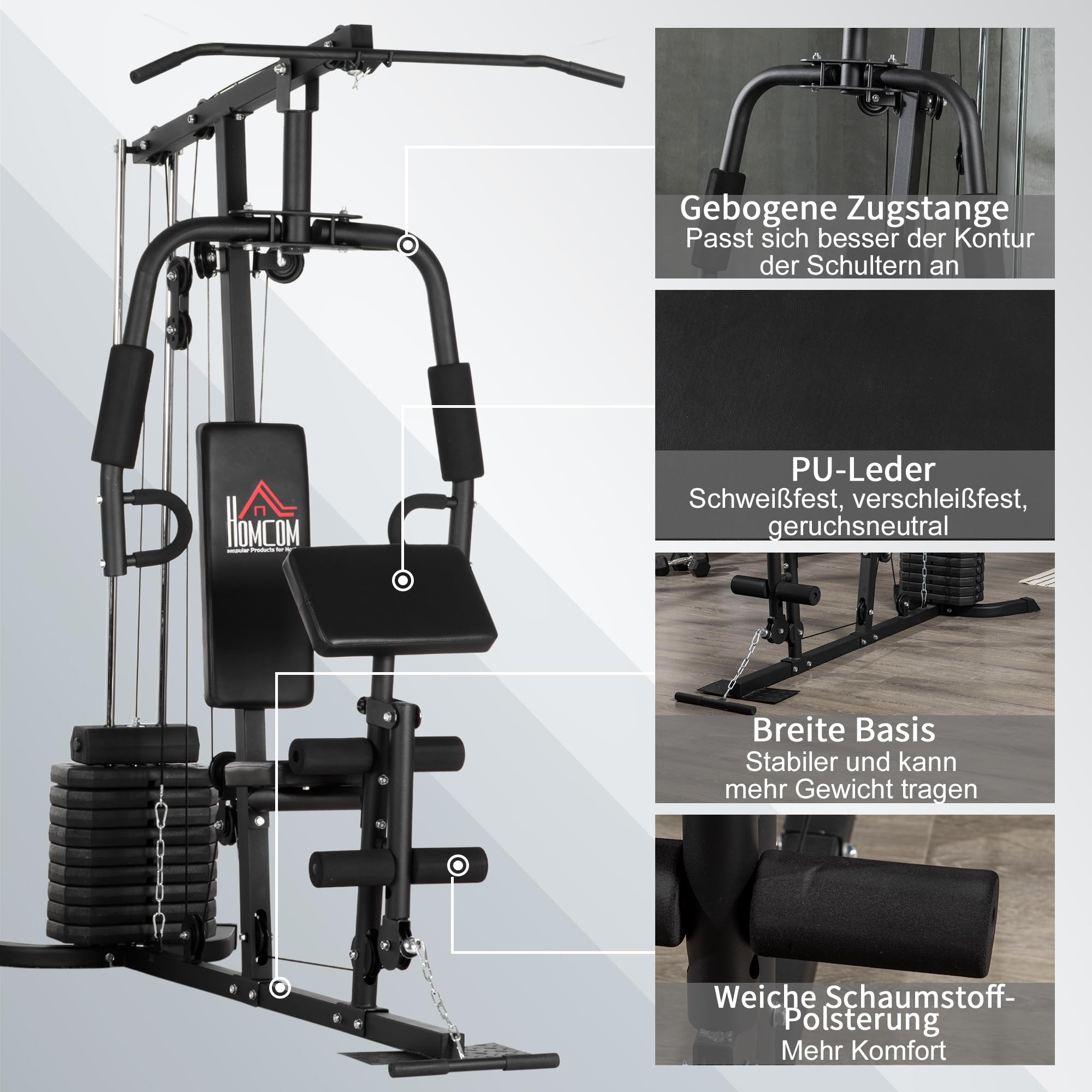 HOMCOM Kompakte Kraftstation, Multifunktionale Fitnessstation, Multistation mit Butterfly, Bizepscurl, Latzug, Beinstrecker, 45 kg Gewichtsblock