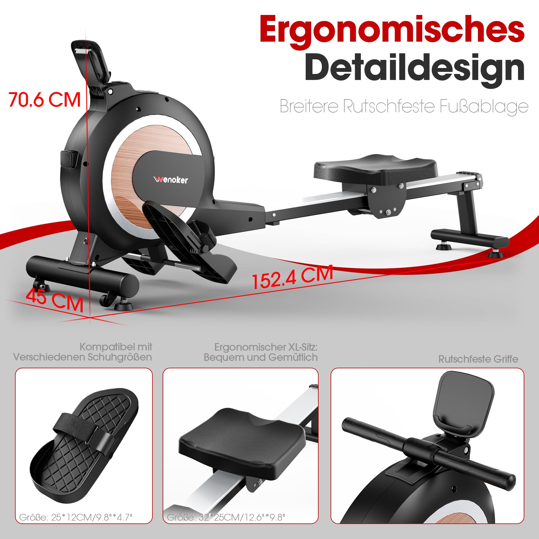 Wenoker Rudergerät für Zuhause, magnetisch mit 32 Stufen, APP & LCD-Display, leise, bis 160 kg, vertikal verstaubar