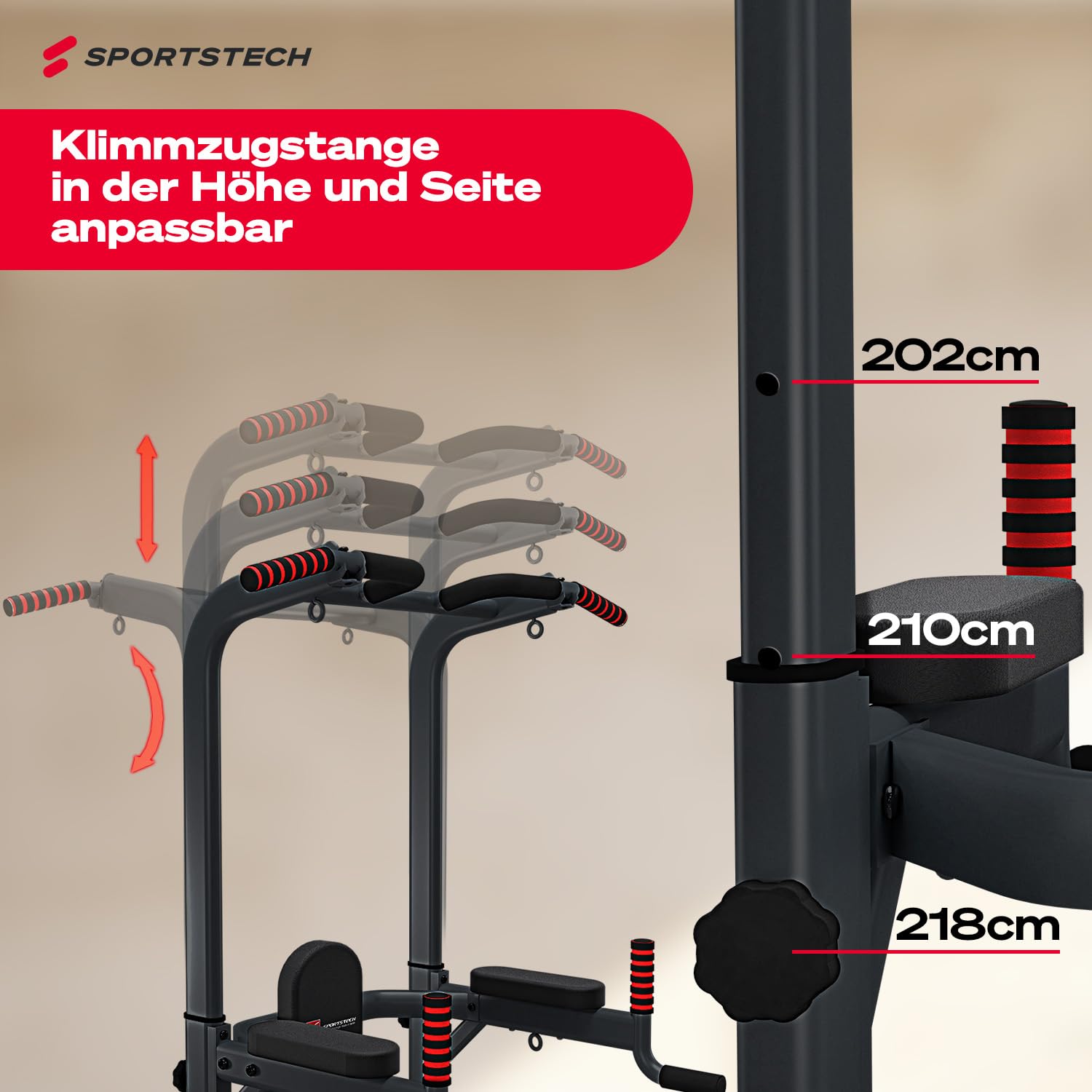 Sportstech 7in1 Power Tower PT300, Dip-Station & Kraftturm, multifunktionale Heim-Kraftstation mit Klimmzugstange, Liegestützgriffe, TRX/Ropes-Ösen