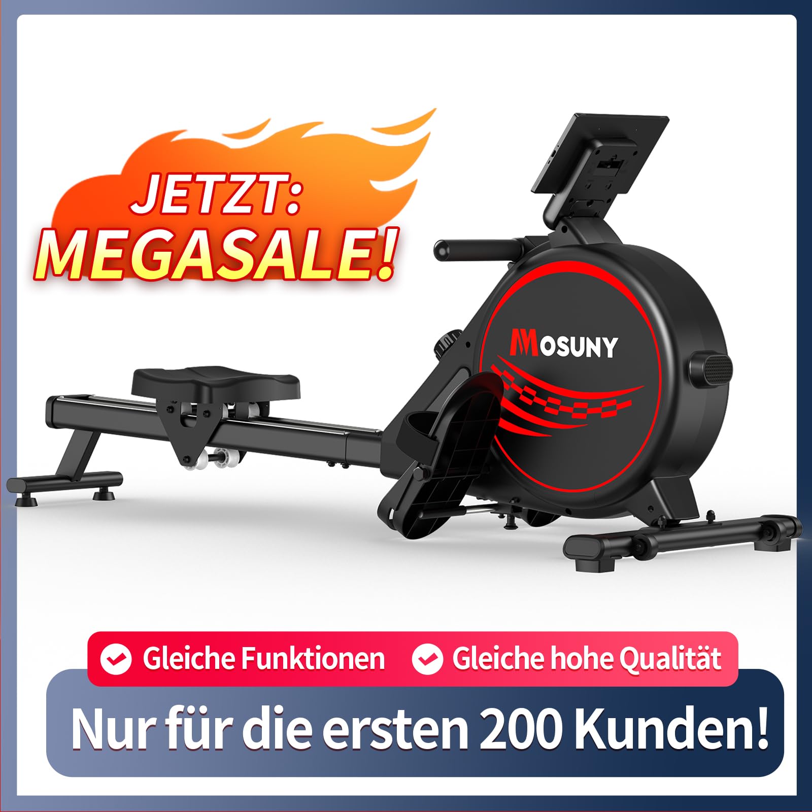 MOSUNY Rudergerät für Zuhause, leises Magnetmodell mit 16 Widerstandsstufen, Doppel-Slide-Rails, LCD & App, bis 160 kg belastbar