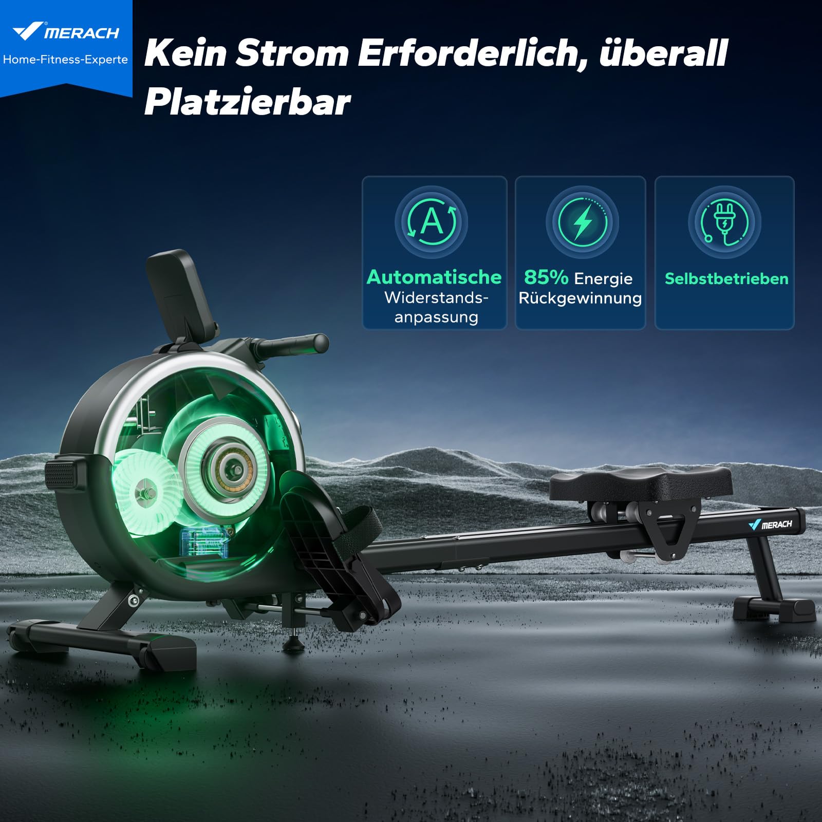 MERACH Selbstversorgendes Rudergerät, kein Stromanschluss, umweltfreundlich, mit App, Echtzeit-Daten & automatischer Widerstandseinstellung