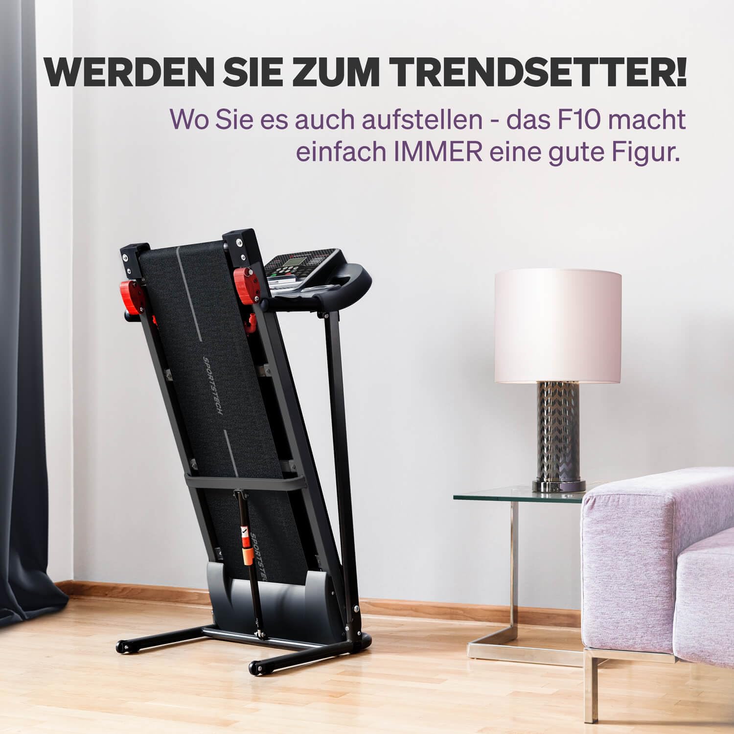 Sportstech F10 Laufband klappbar für Zuhause, 2,5 PS, bis 10 km/h, 13 Programme, Steigung, App & Schmierfunktion, max. 120 kg, deutsche Qualitätsmarke