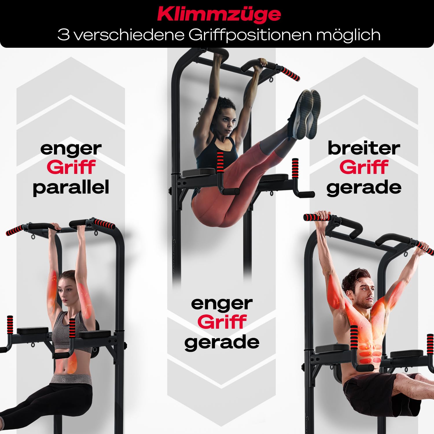 Sportstech 7in1 Power Tower PT300, Dip-Station & Kraftturm, multifunktionale Heim-Kraftstation mit Klimmzugstange, Liegestützgriffe, TRX/Ropes-Ösen